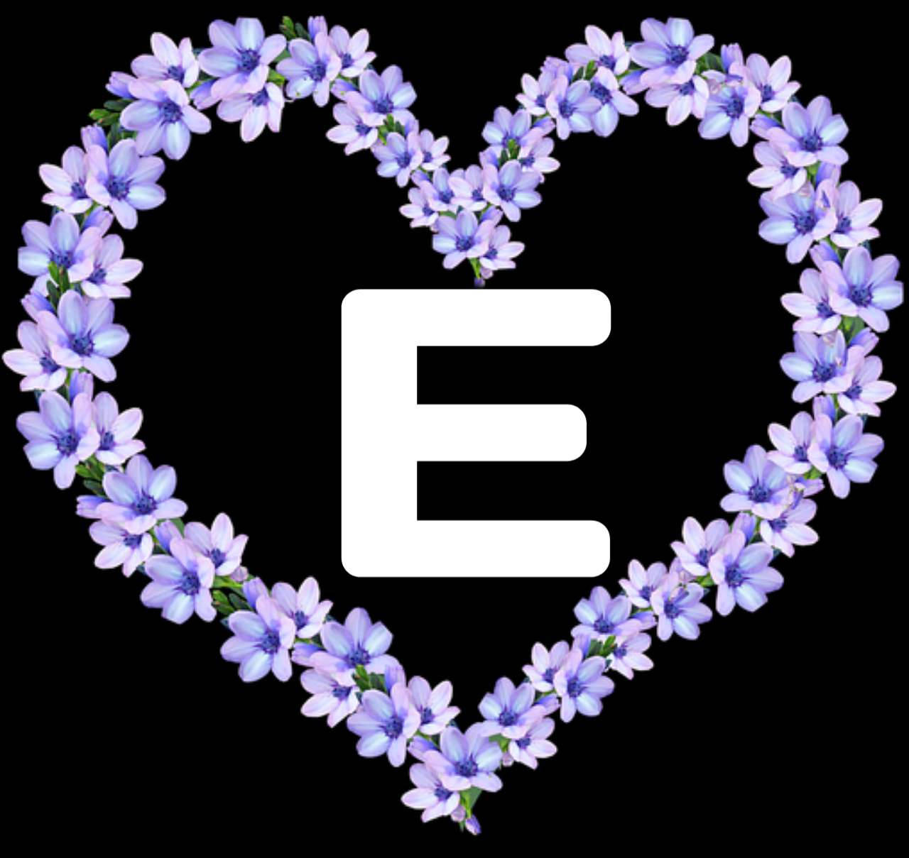 Letter E, purple heart flowers, white letter E, HD Desktop Wallpaper