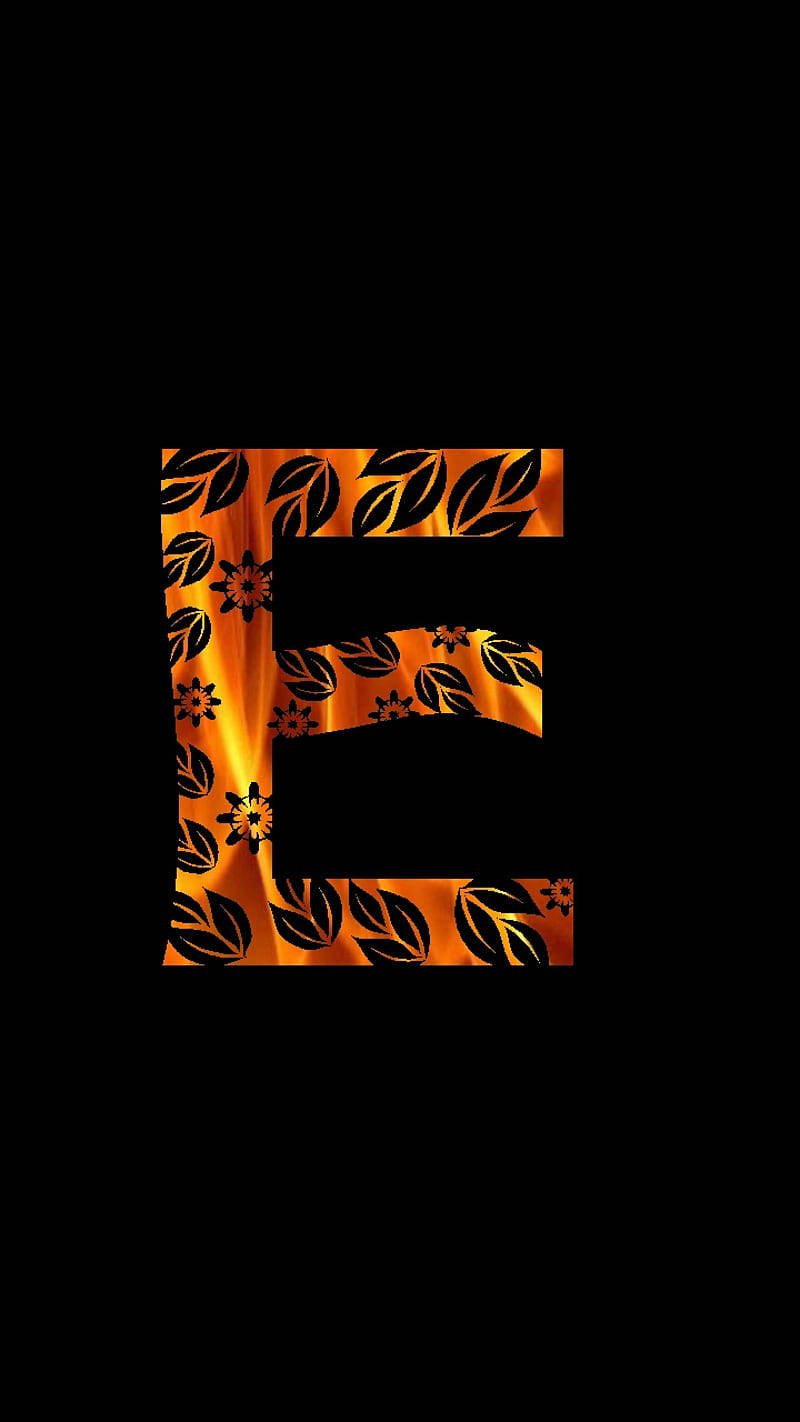 gold leaf printed letter e, glowing orange fabric, black leaf and star patterns, HD Phone Wallpaper