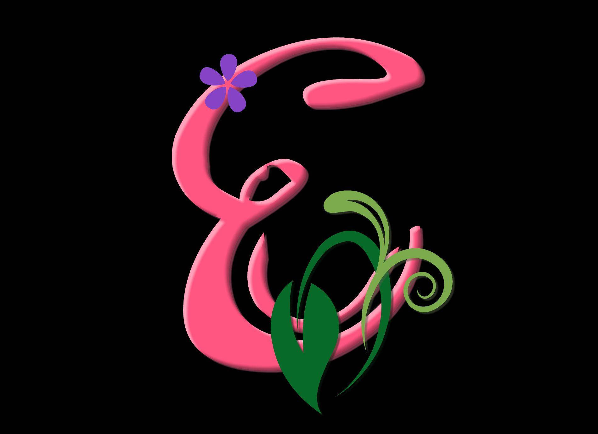 pink cursive letter E, purple flower, green leaves, HD Desktop Wallpaper