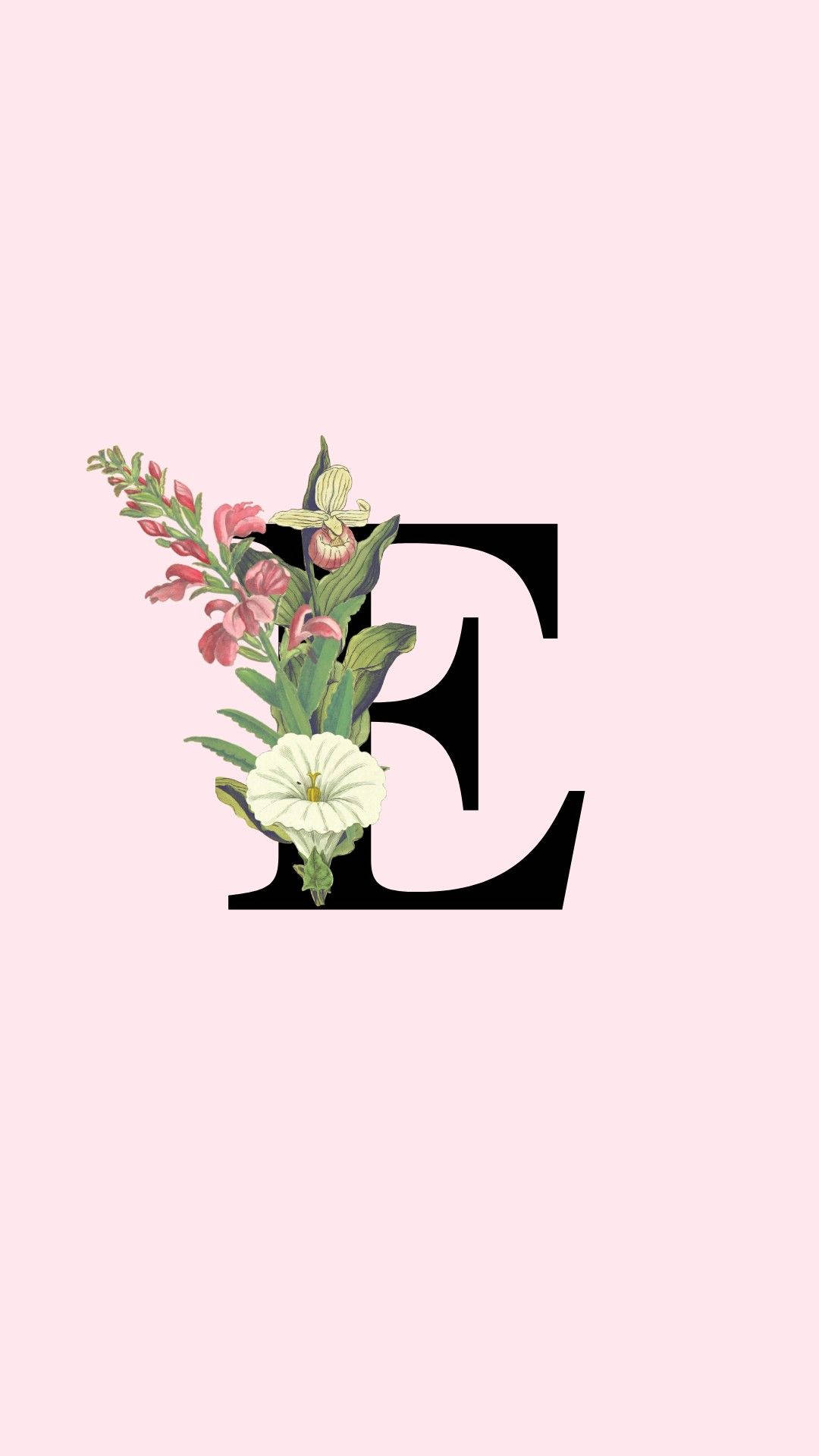 Black Letter E, pink flowers, white flowers, Full HD Phone Wallpaper