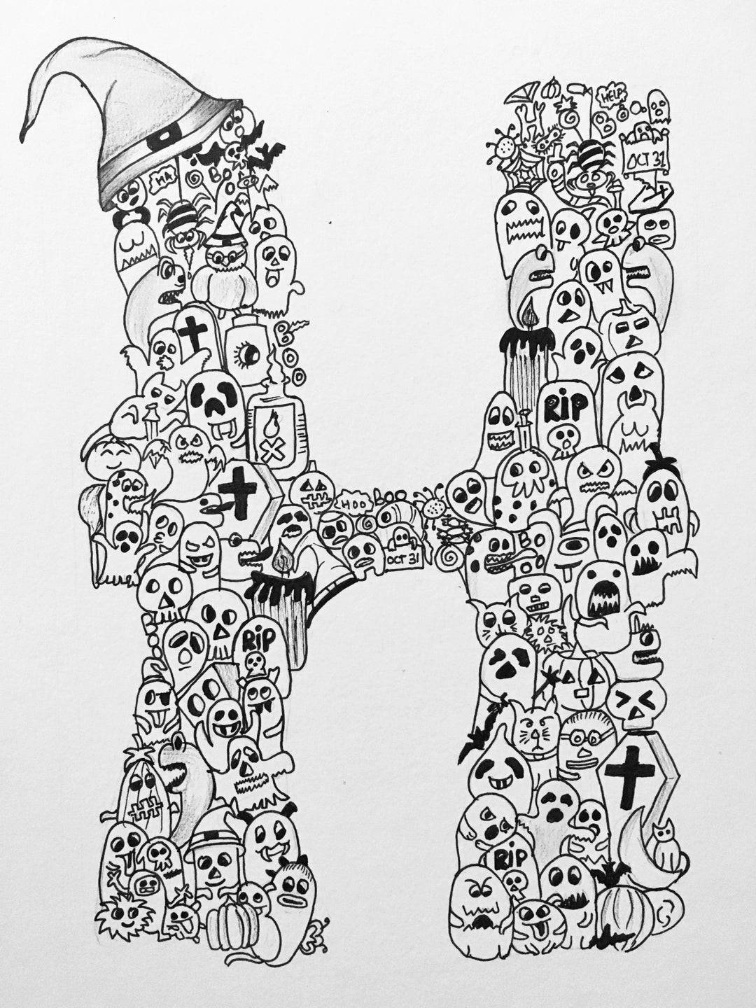 Letter H, Halloween-themed doodles, ghosts, HD Phone Wallpaper