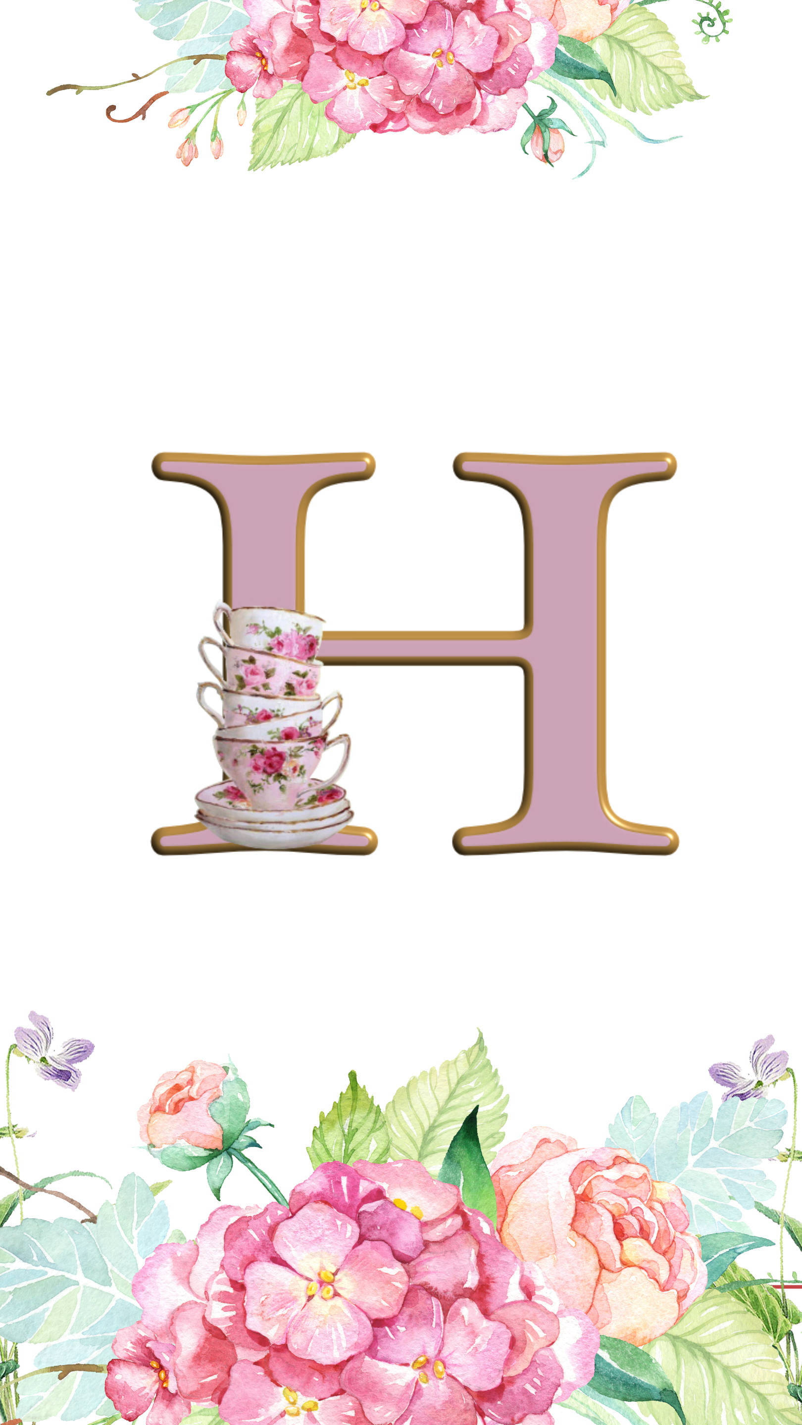 letter H, floral teacups, pink roses, 2K Phone Wallpaper