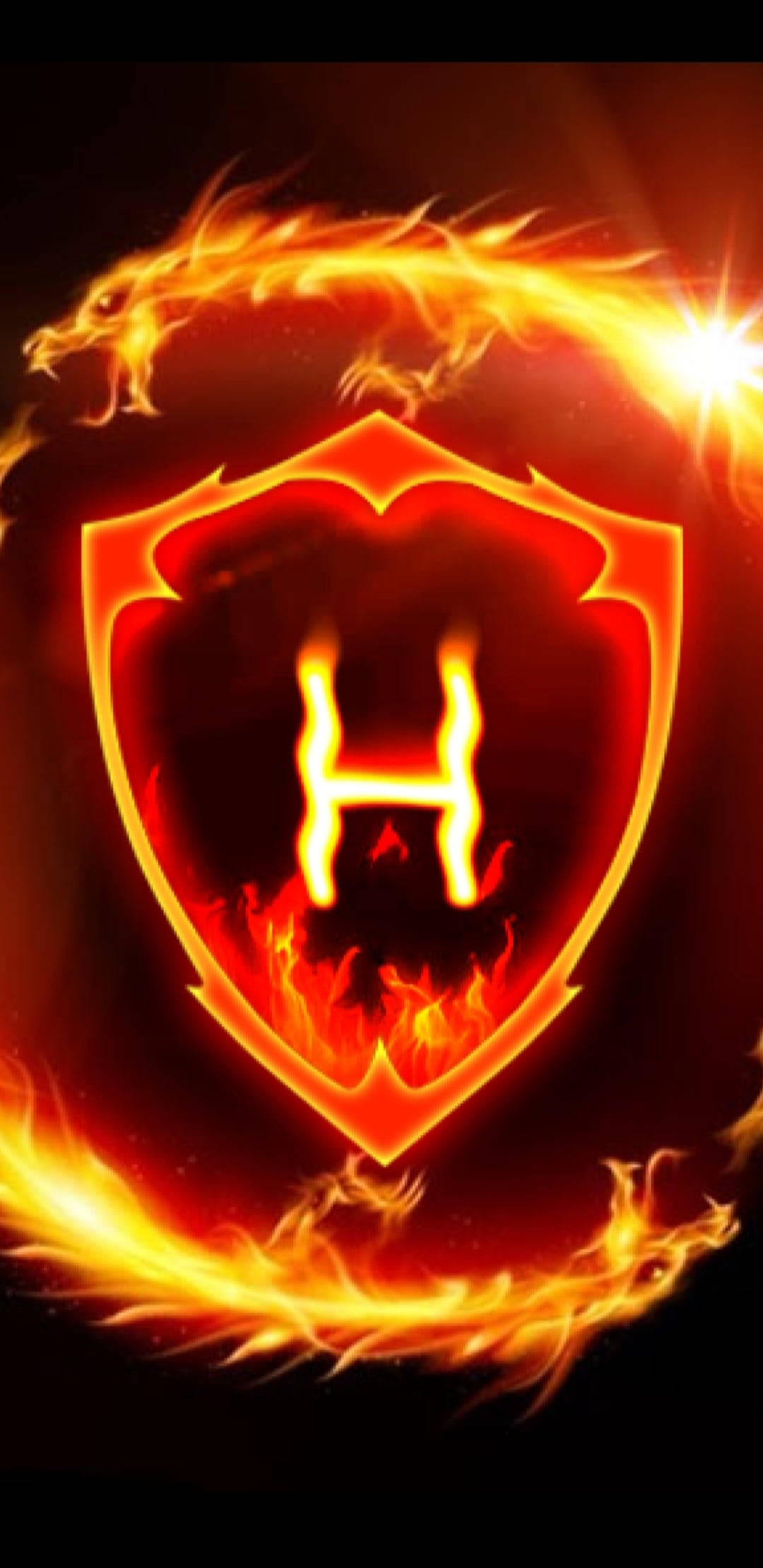 fiery shield, glowing letter H, swirling flames, Full HD Phone Wallpaper