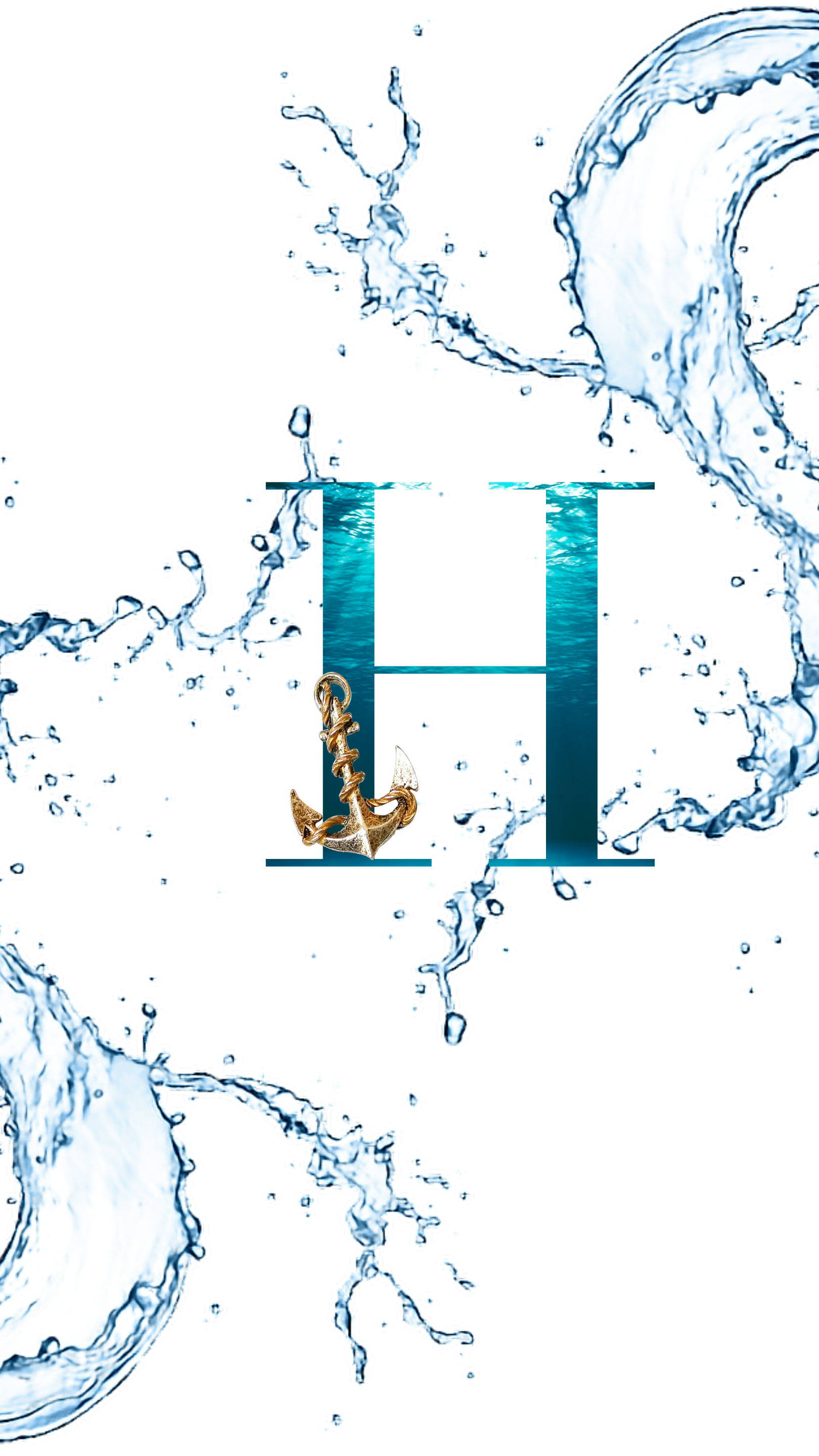 Letter H, golden anchor, blue water splashes, 2K Phone Wallpaper
