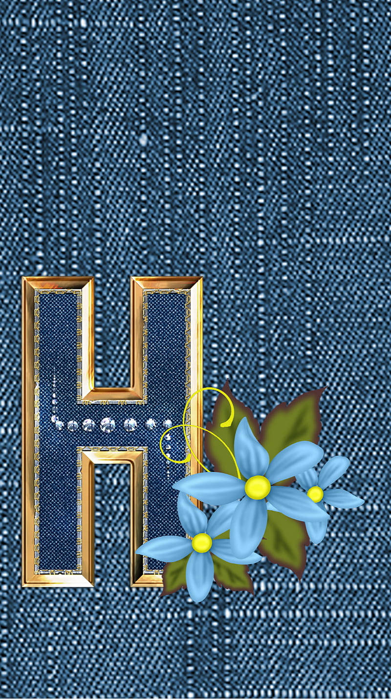 gold plated letter h, pearl trim, blue flowers, HD Phone Wallpaper