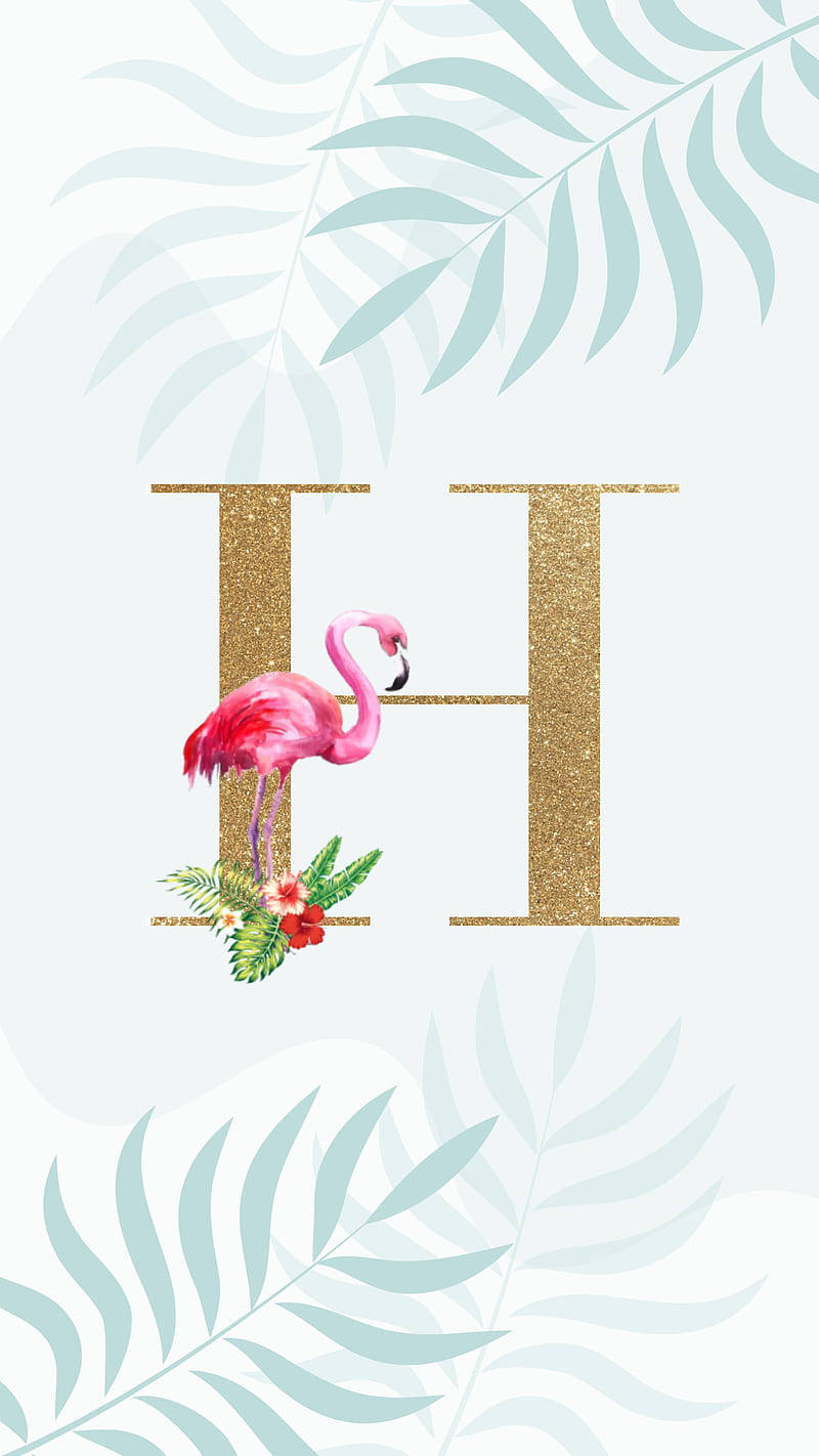glittery gold letter H, pink flamingo, tropical flowers, HD Phone Wallpaper