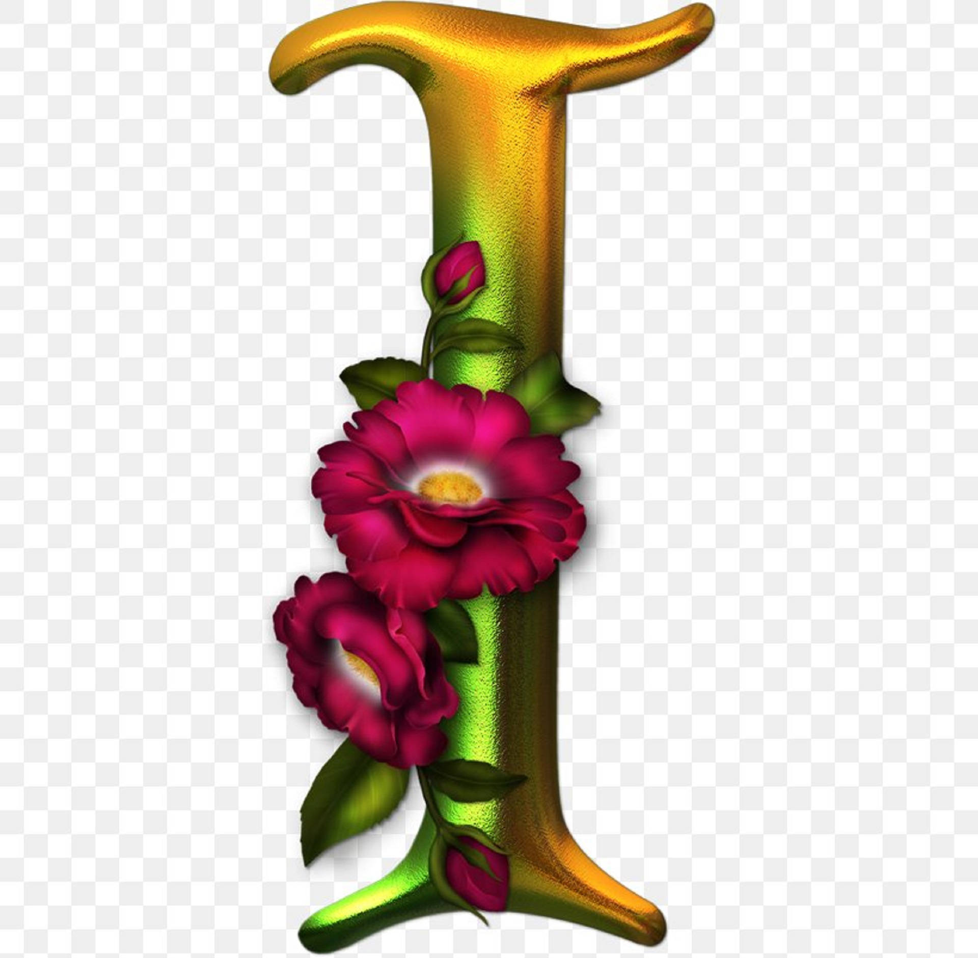 3D Gold Floral Letter I, golden letter I, vibrant pink flowers, Full HD Desktop Wallpaper