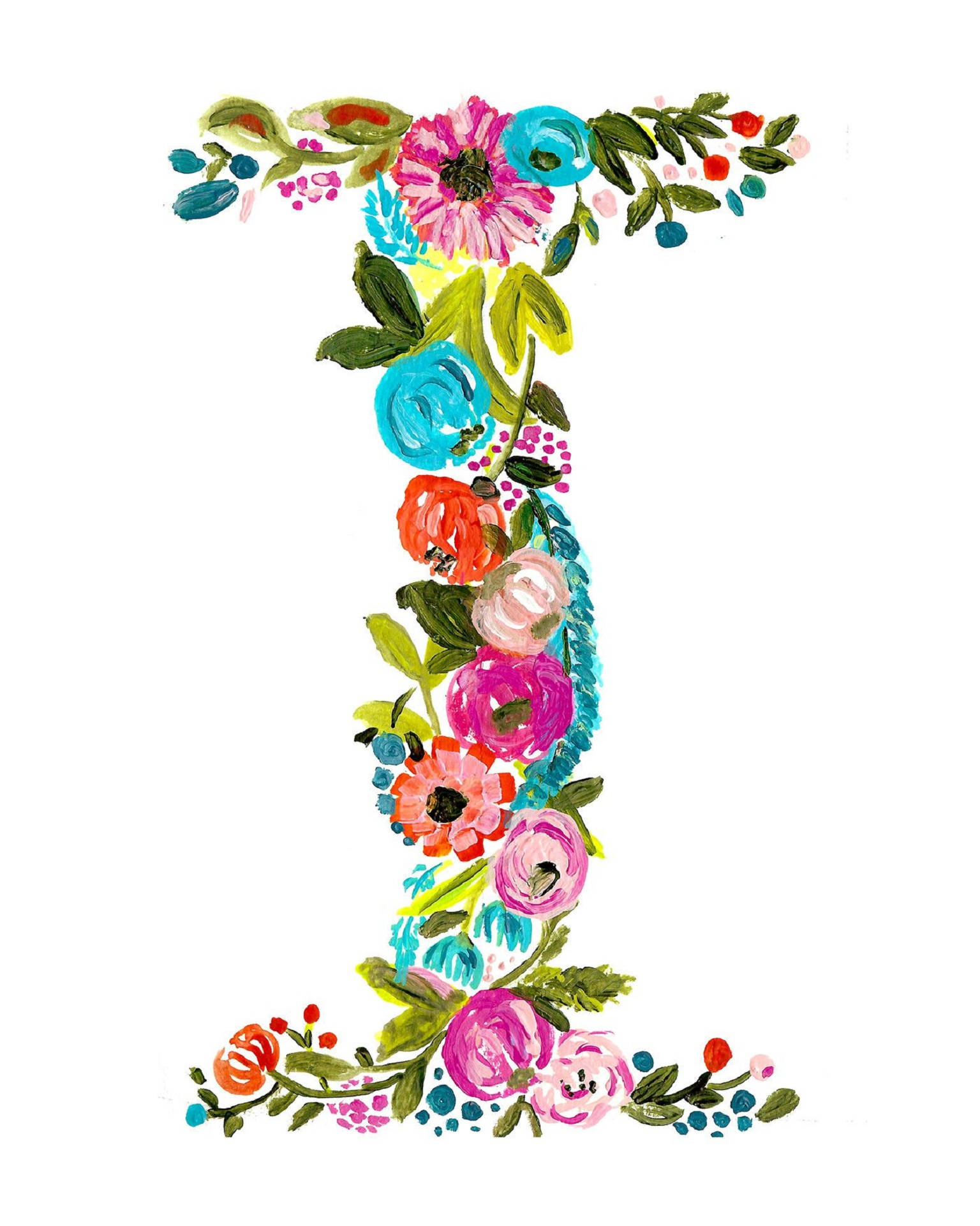 Floral Letter I Painting, white background, colorful flowers, Full HD Phone Wallpaper