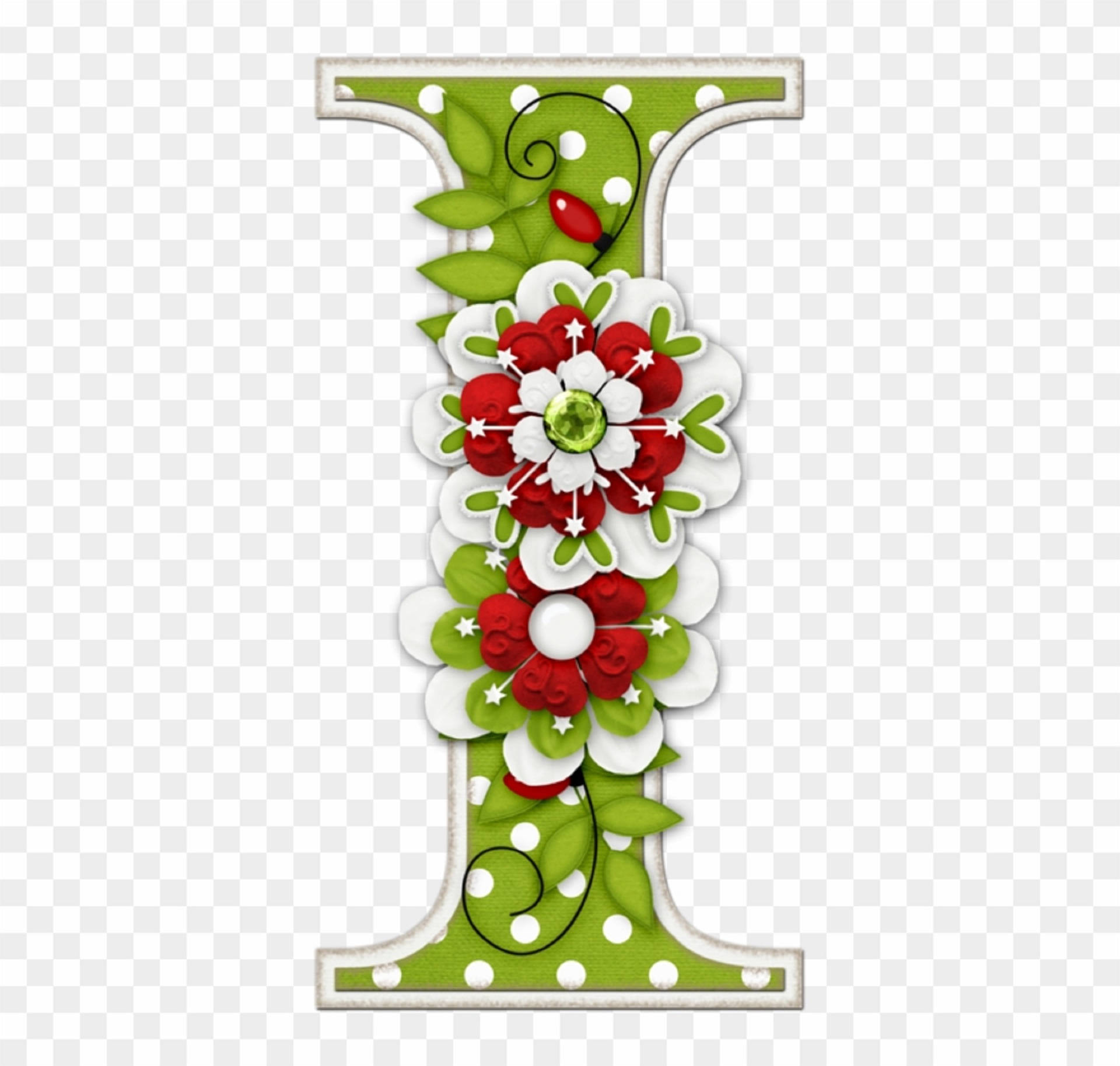 Christmas Theme Letter I, green letter I, red white flowers, Full HD Desktop Wallpaper