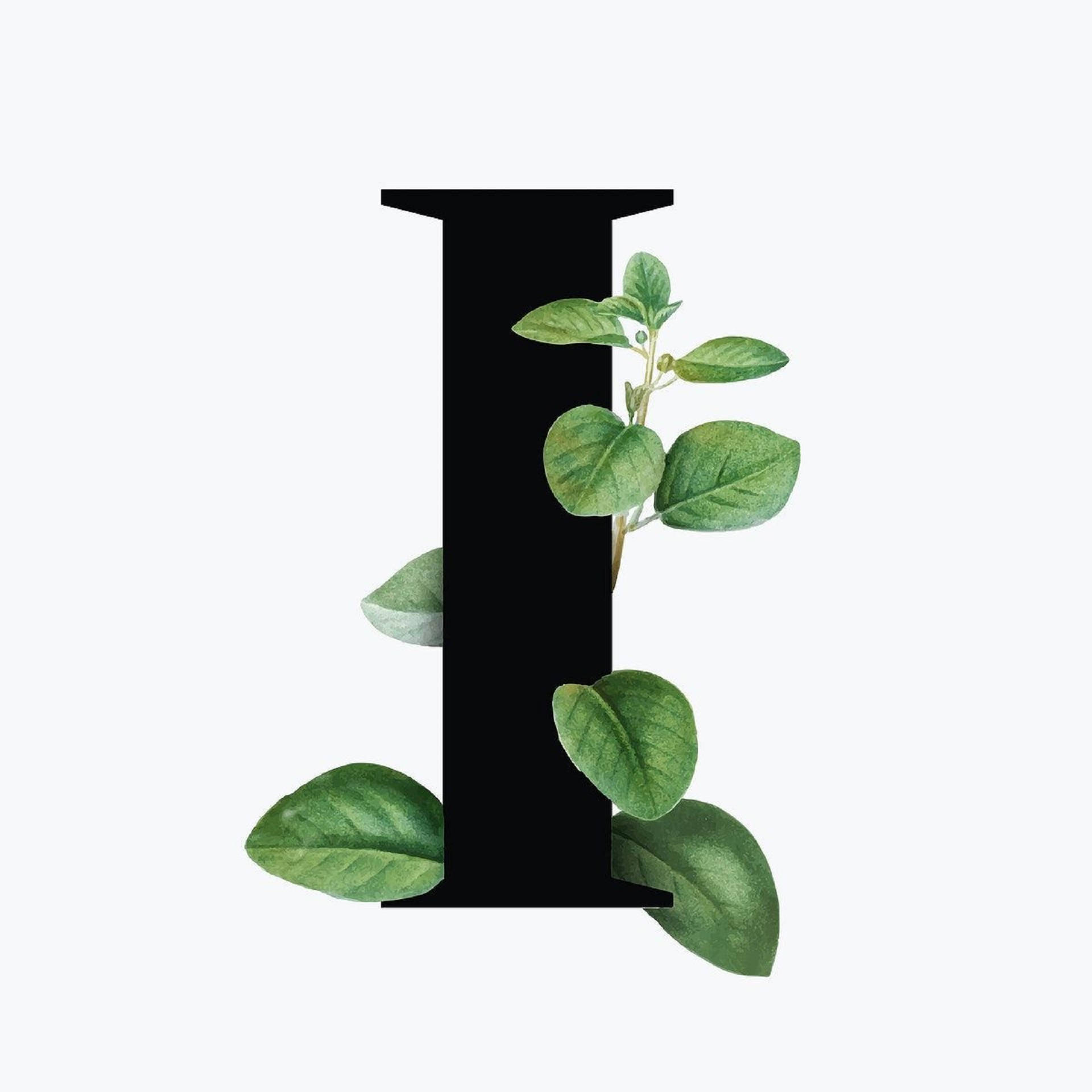 Black Letter I, vibrant green leaves, clean white background, Full HD Desktop Wallpaper
