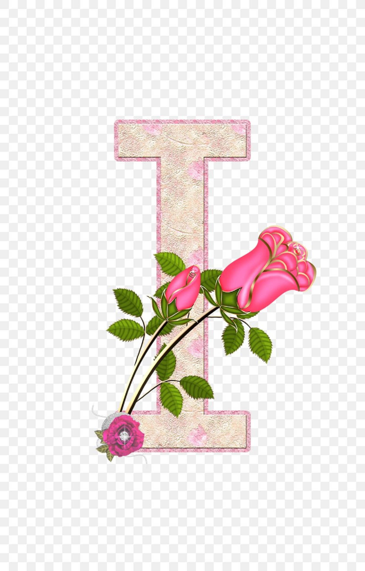 Letter I, pink roses, green leaves, Full HD Phone Wallpaper