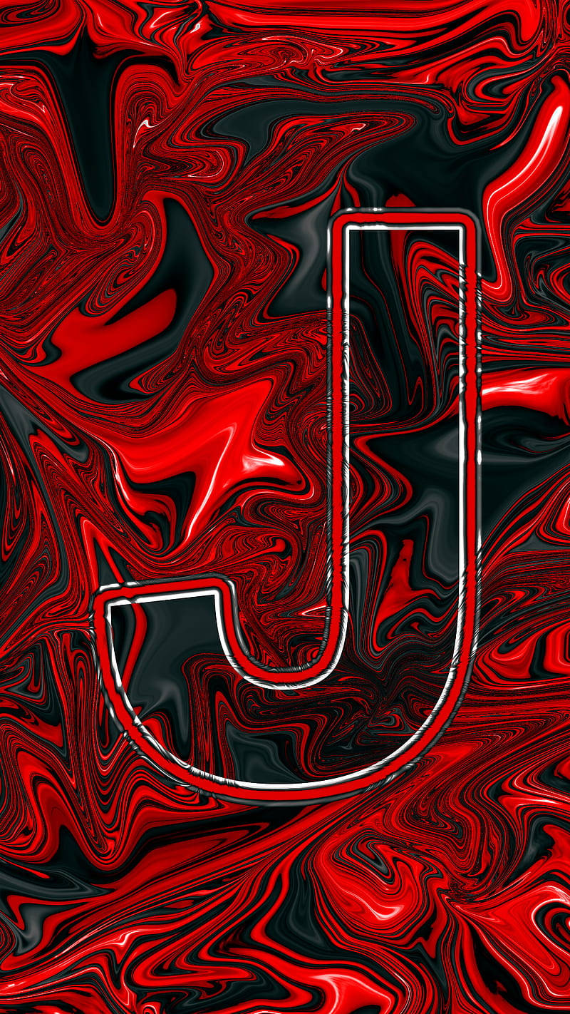 letter J, white outlined, red and black liquid metallic background, HD Phone Wallpaper