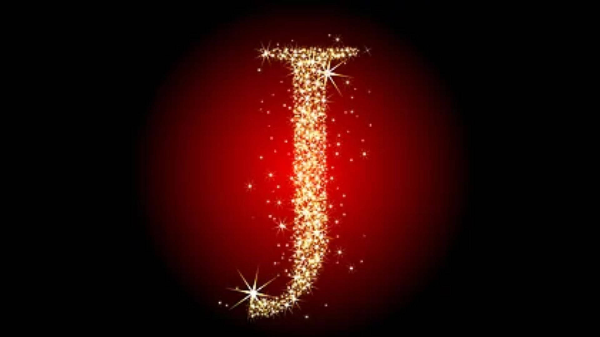 sparkling golden letter J, radiant red circular backdrop, black field, Full HD Desktop Wallpaper