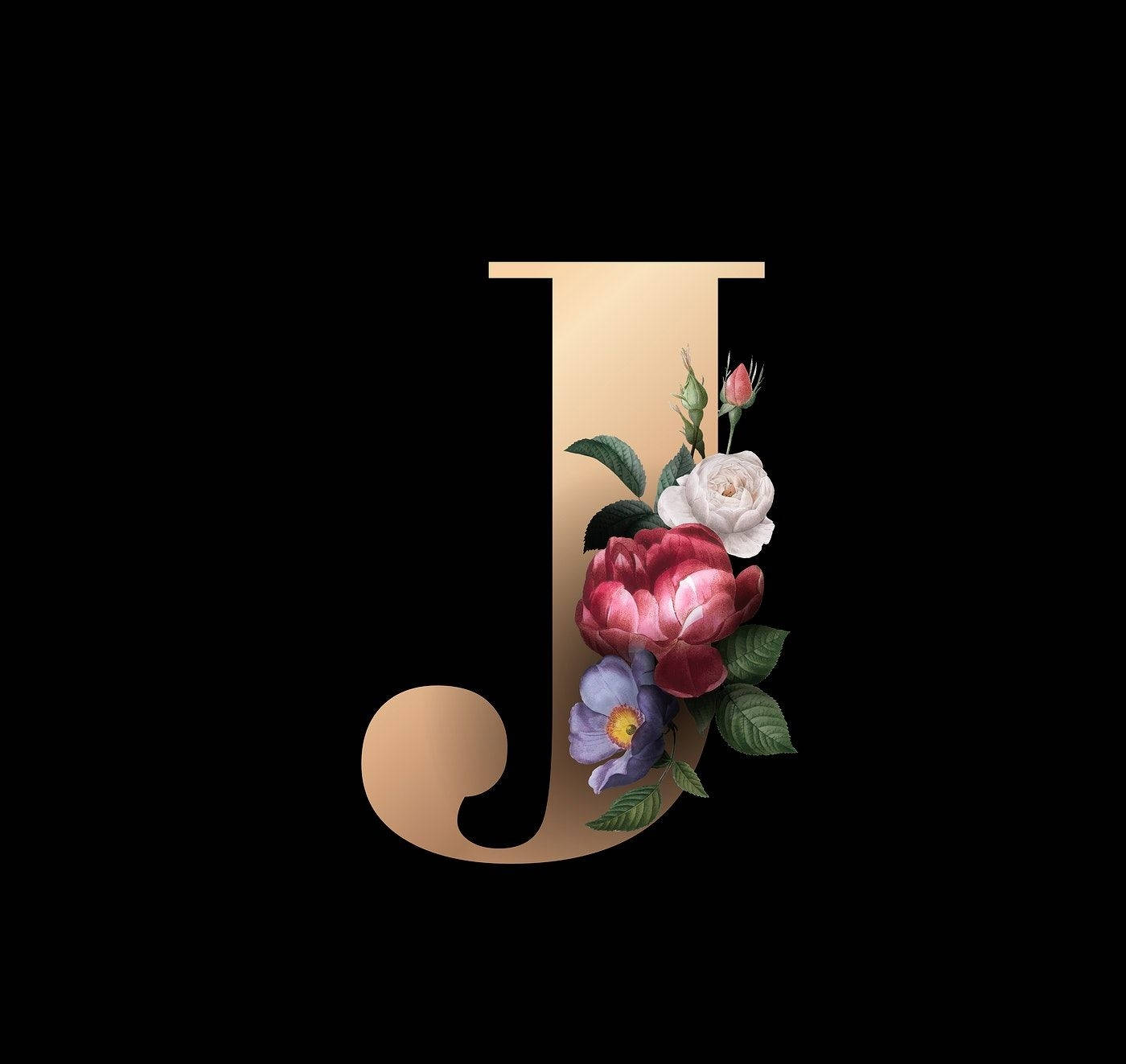 golden letter J, red white and purple flowers, black background, HD Desktop Wallpaper