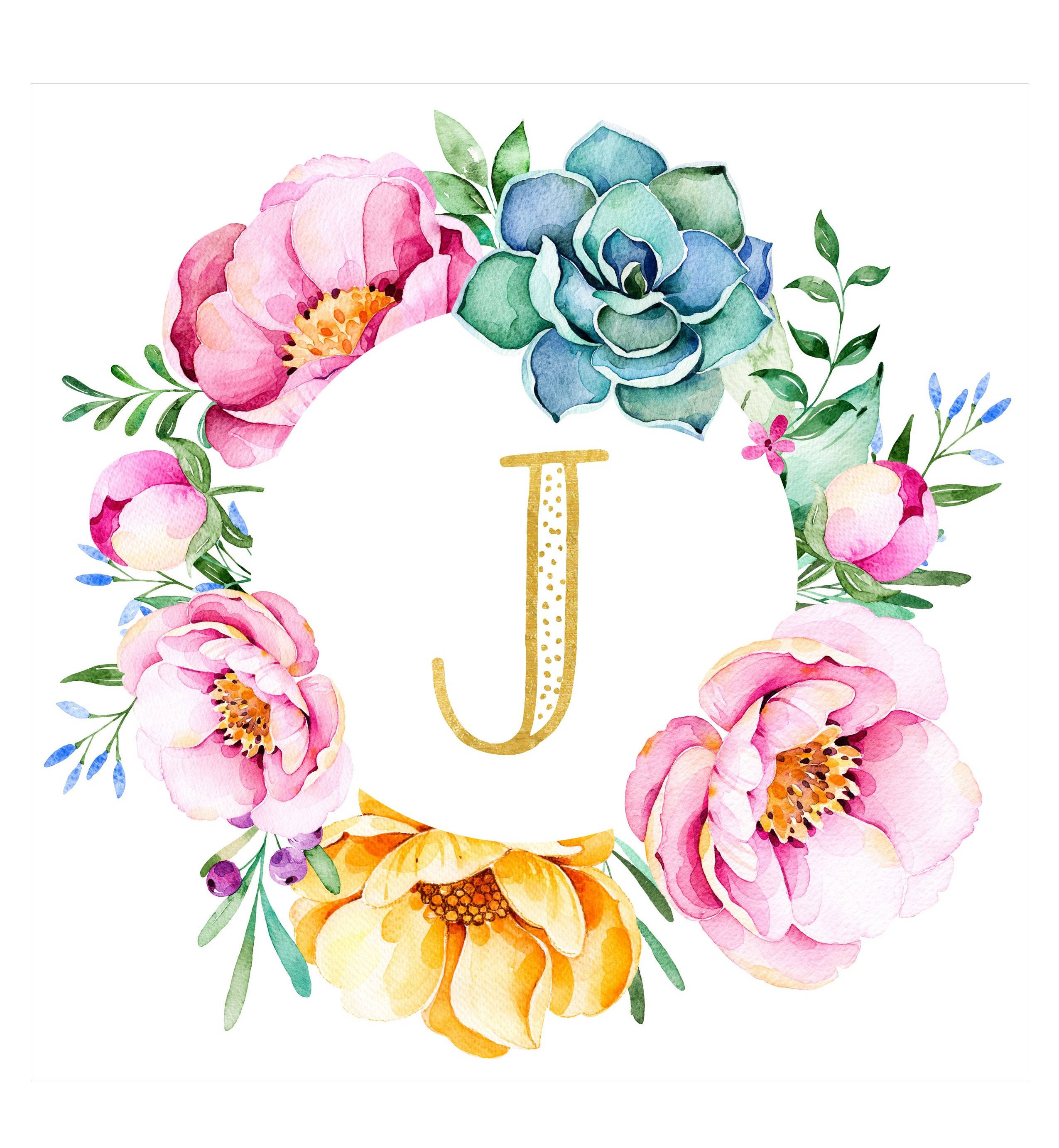 watercolor, floral wreath, gold letter J, 2K Phone Wallpaper