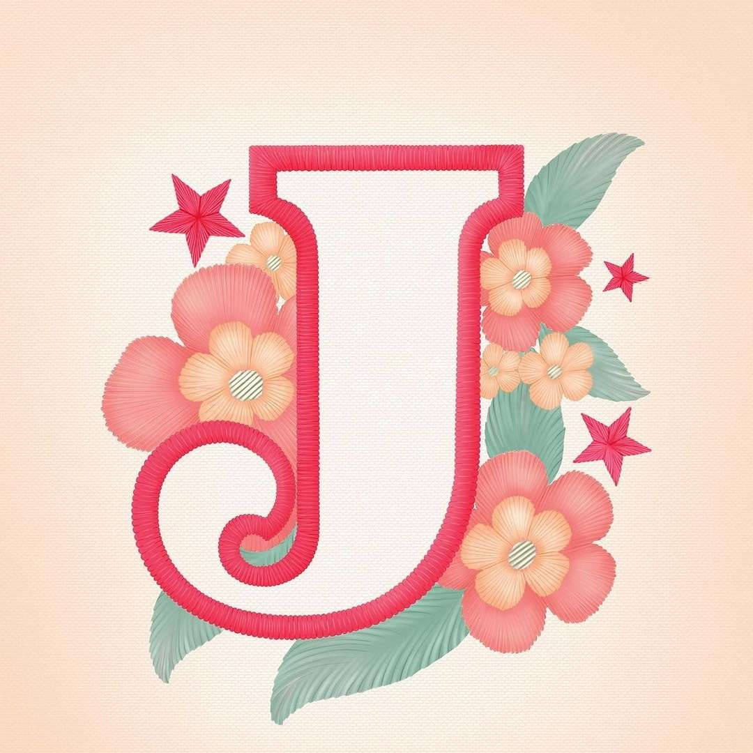 pink letter J, peach flowers, green leaves, SD Desktop Wallpaper