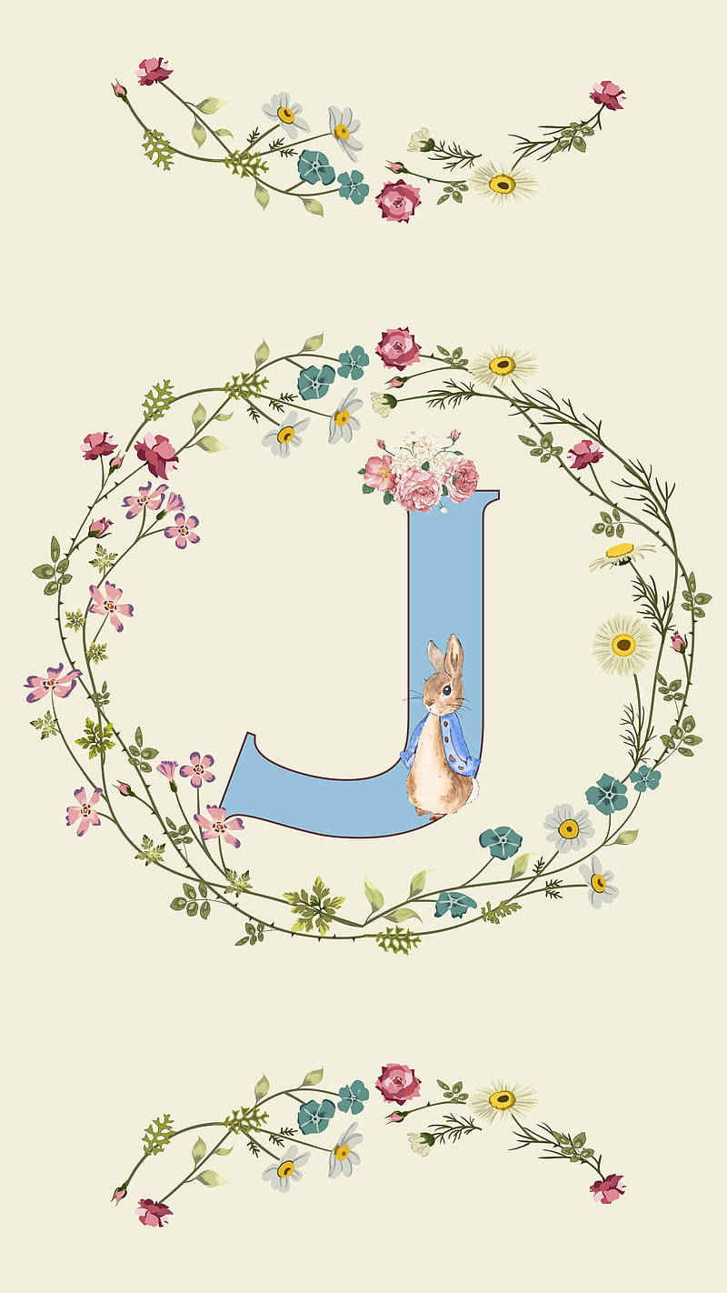 blue letter J, floral wreath, rabbit, HD Phone Wallpaper