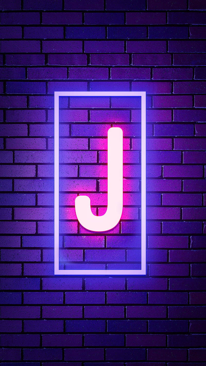 neon letter J, pink and blue hues, dark purple brick wall, HD Phone Wallpaper
