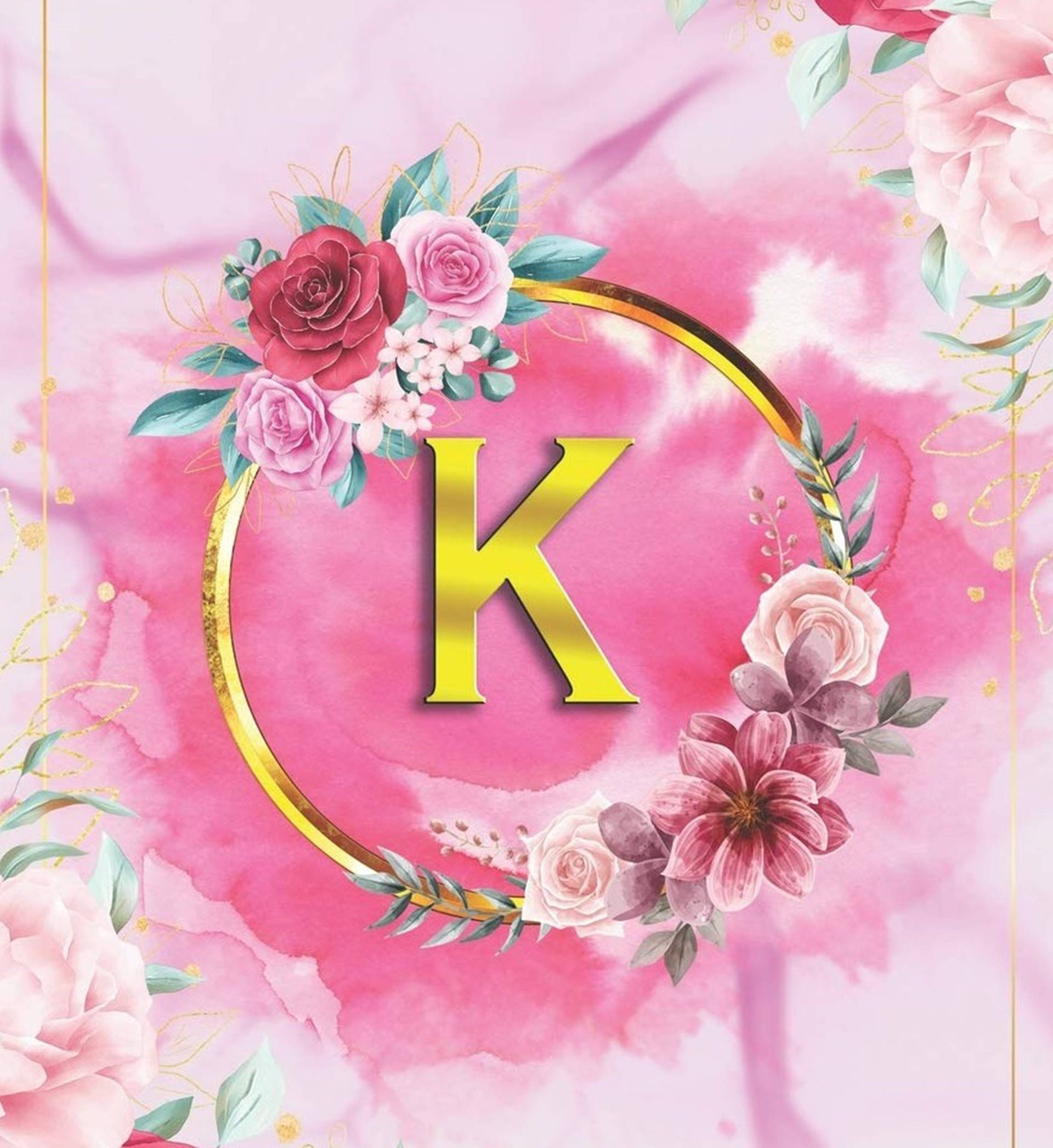 golden letter K, floral wreath, soft pink watercolor background, Full HD Phone Wallpaper