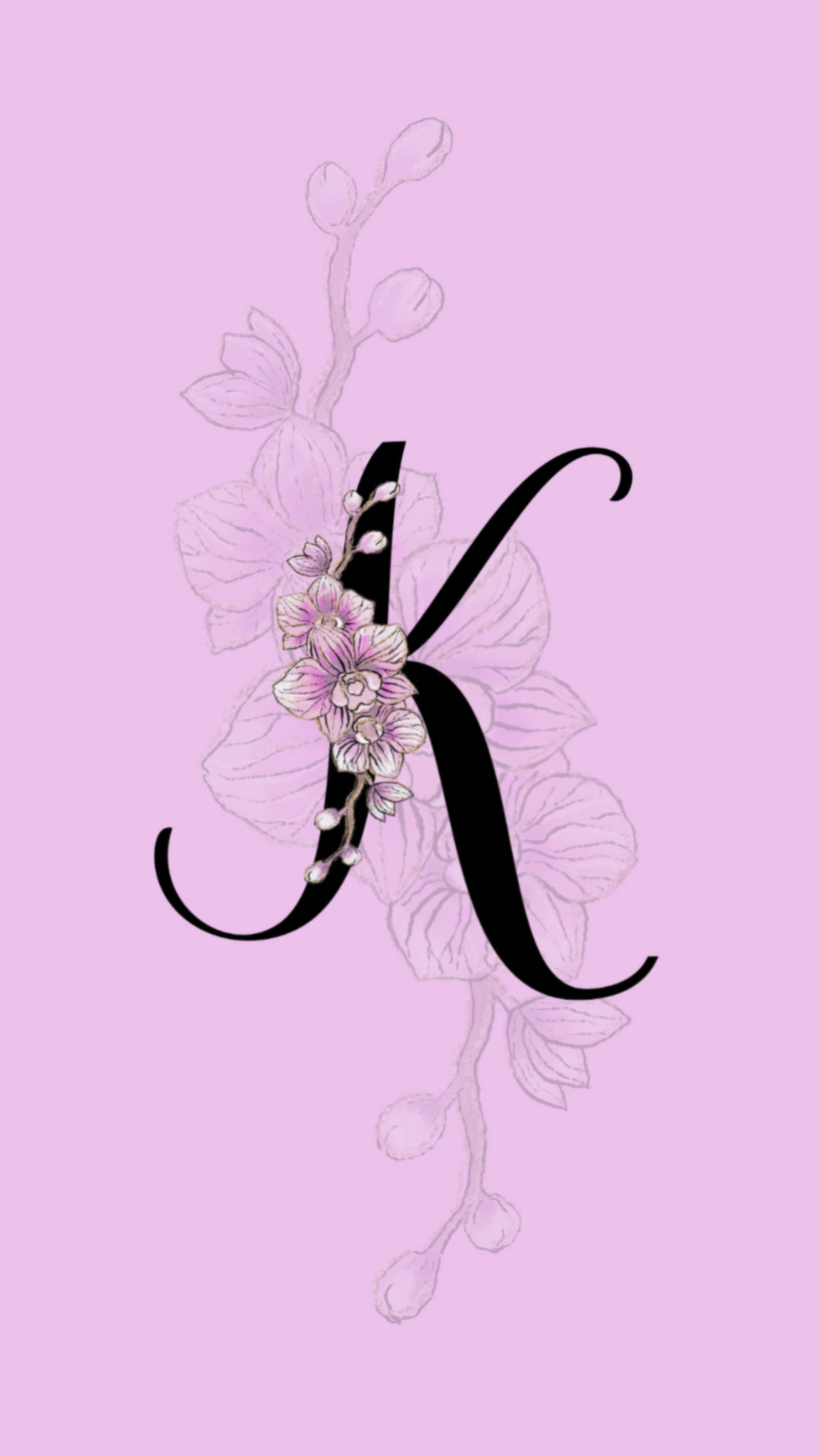 Letter K, orchid design, black, 2K Phone Wallpaper