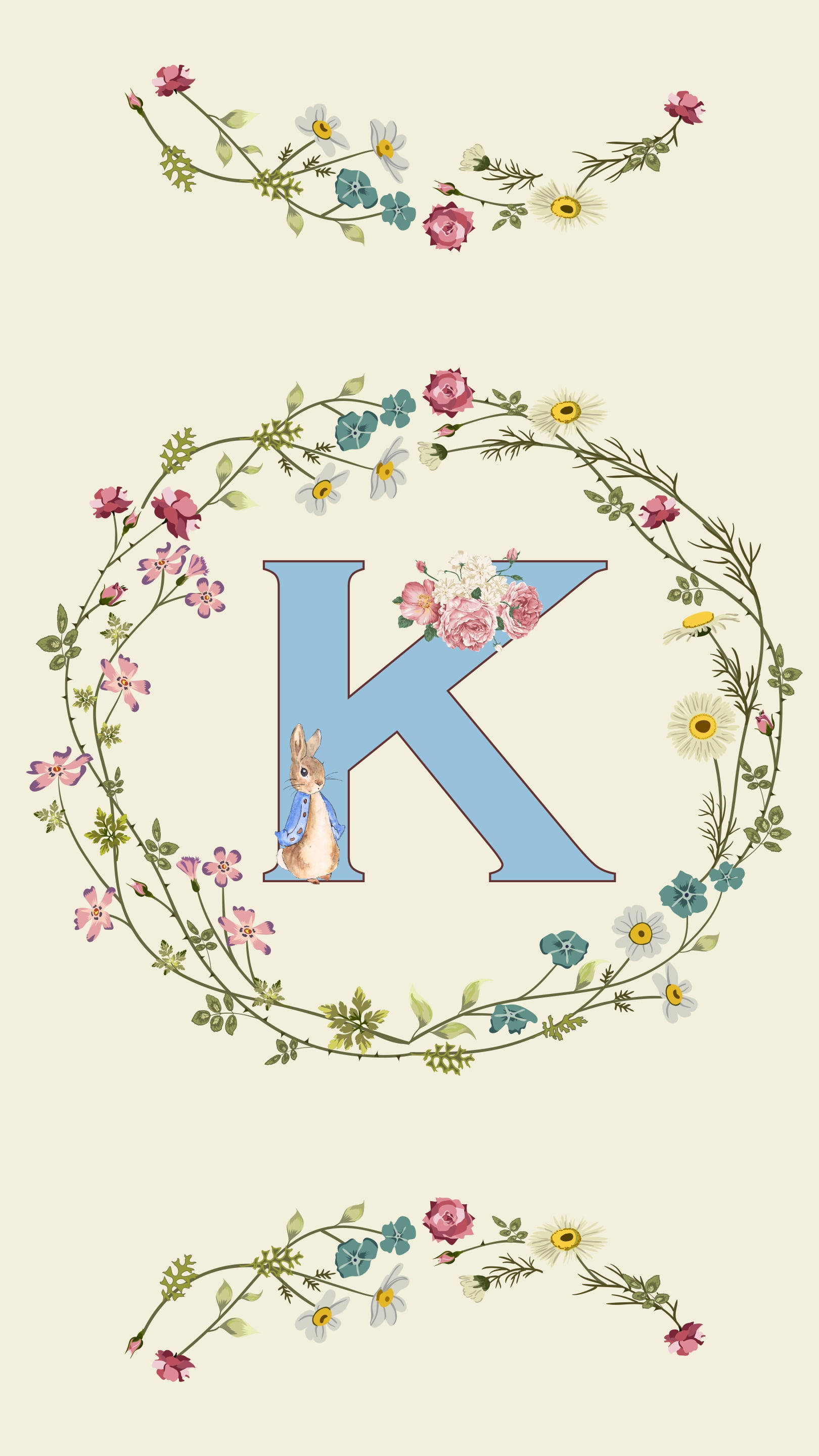 letter K, floral wreath, rabbit, 2K Phone Wallpaper