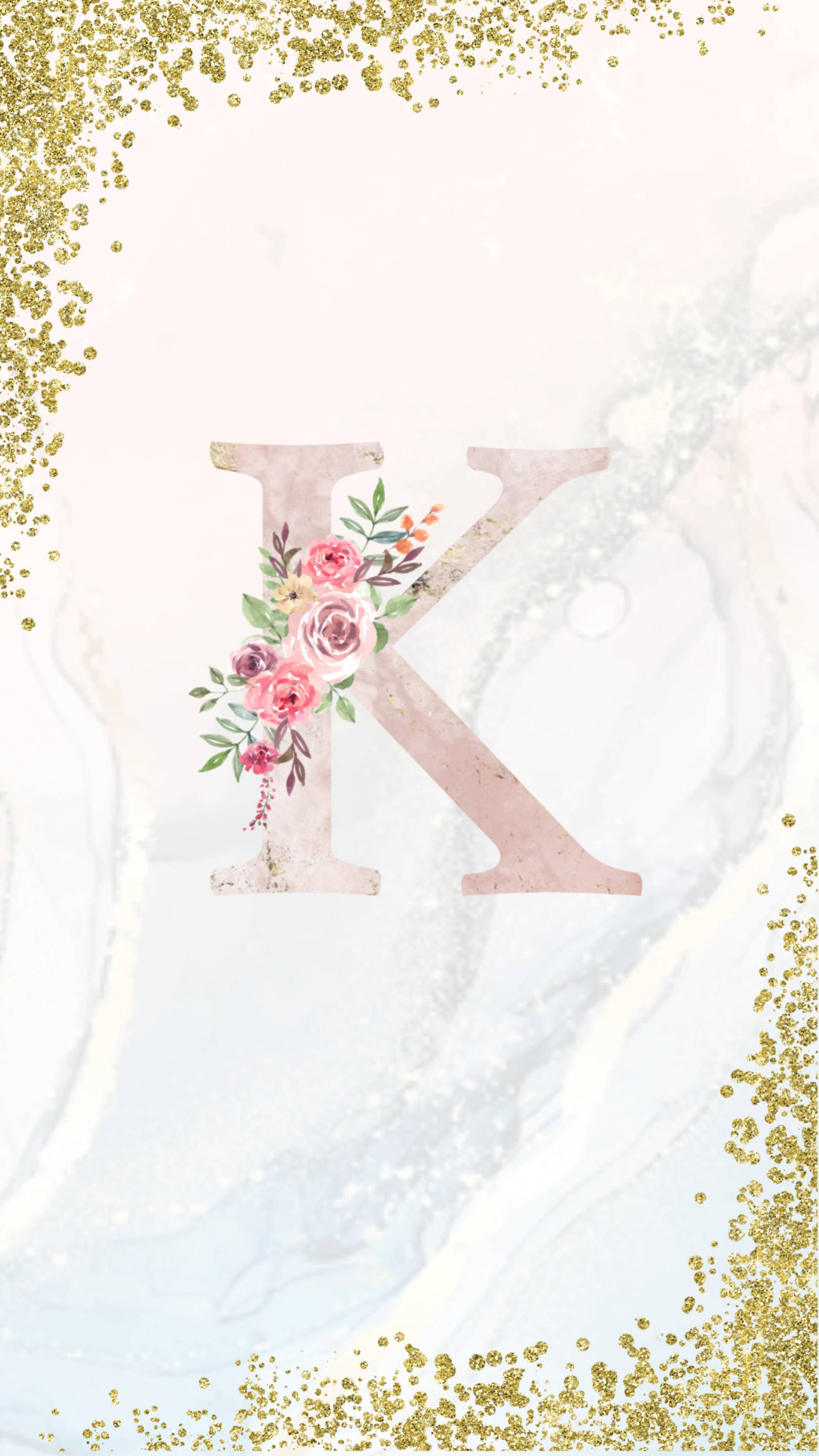 Letter K, pink roses, greenery, 2K Phone Wallpaper