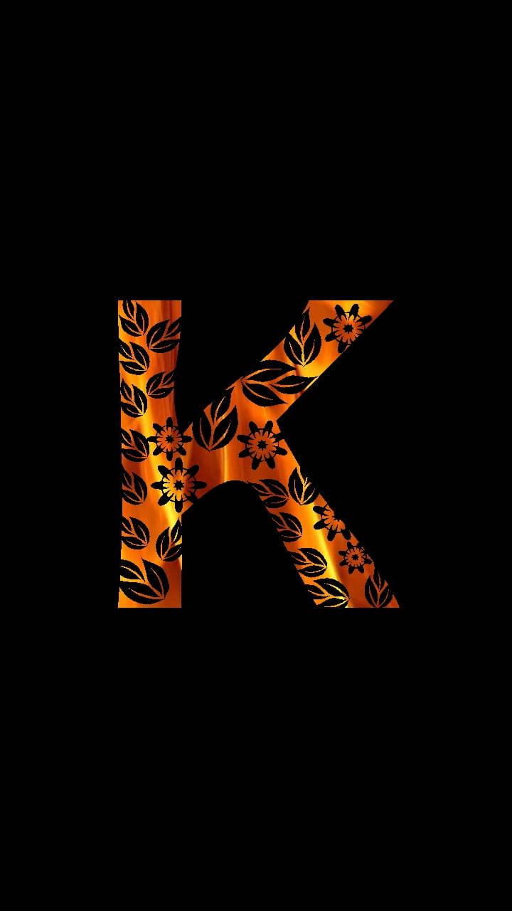 letter K, fiery orange light, black floral and leaf patterns, HD Phone Wallpaper