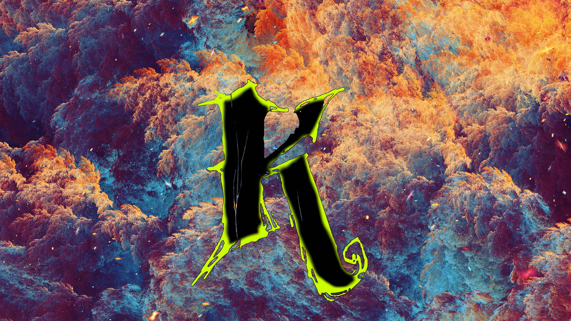 Letter K, neon green edges, cosmic nebula, Full HD Desktop Wallpaper