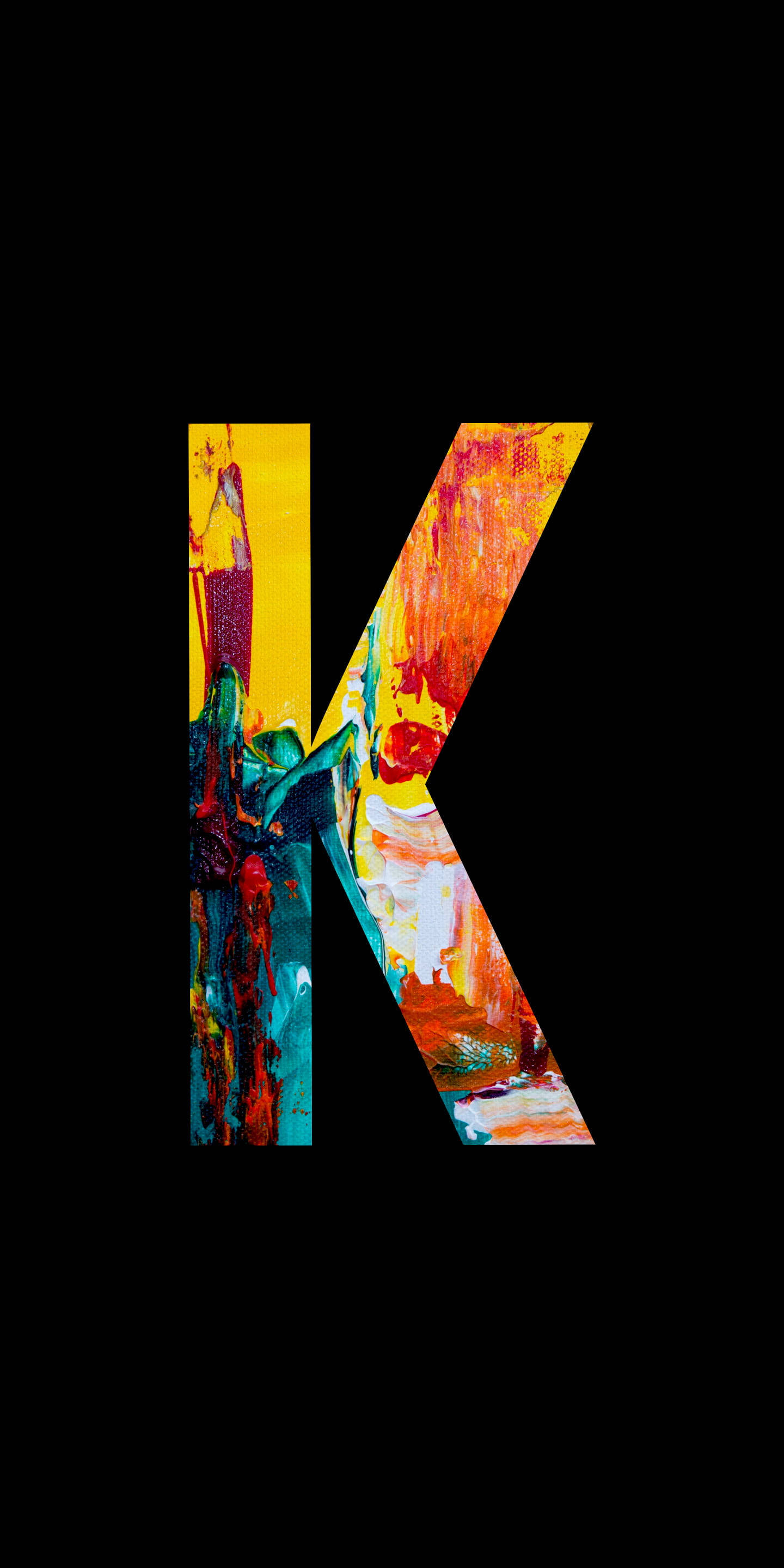 letter K, vibrant abstract brushstrokes, stark black background, 2K Phone Wallpaper