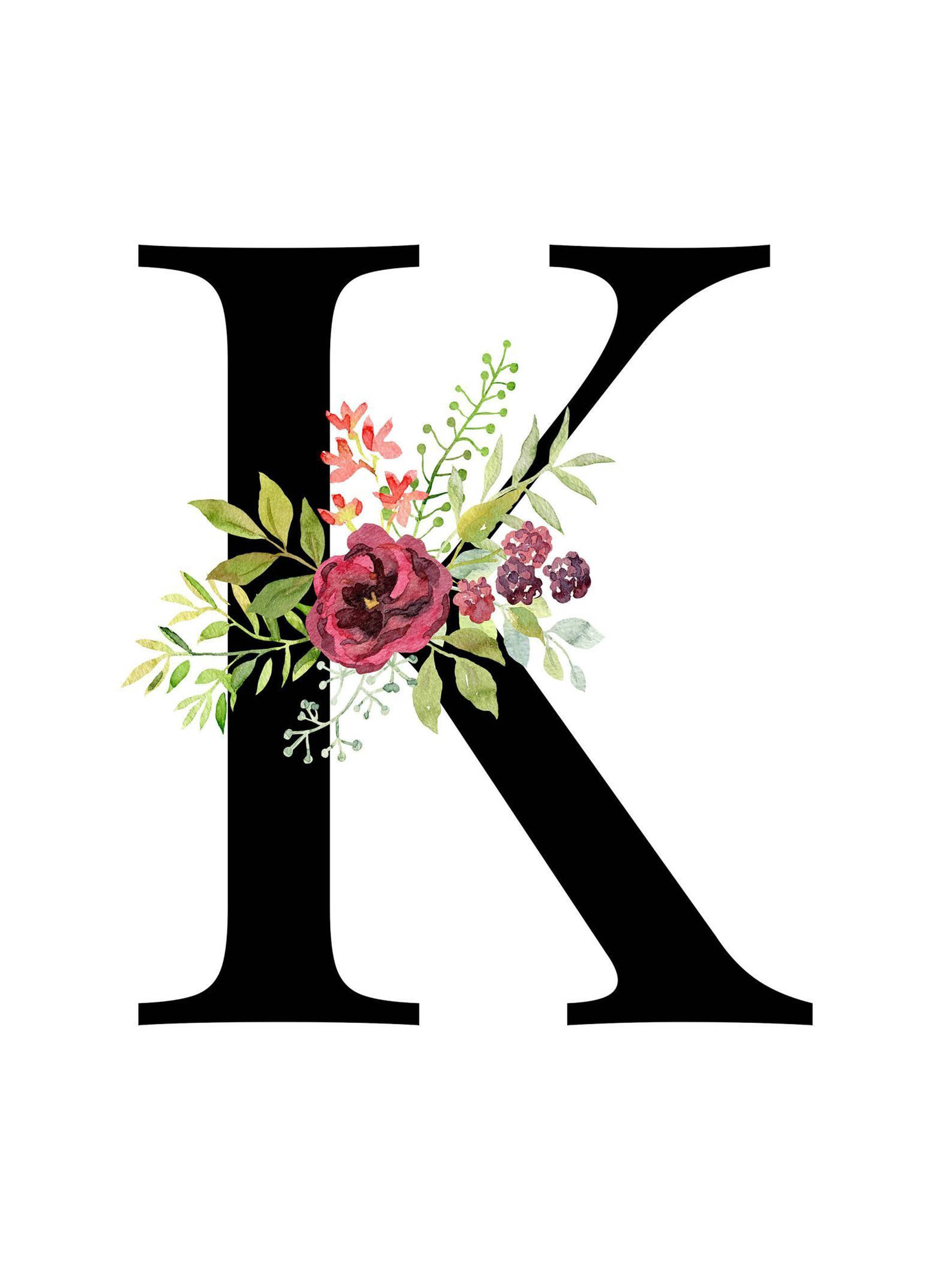 Floral Letter K, black letter K, watercolor floral arrangement, 2K Phone Wallpaper