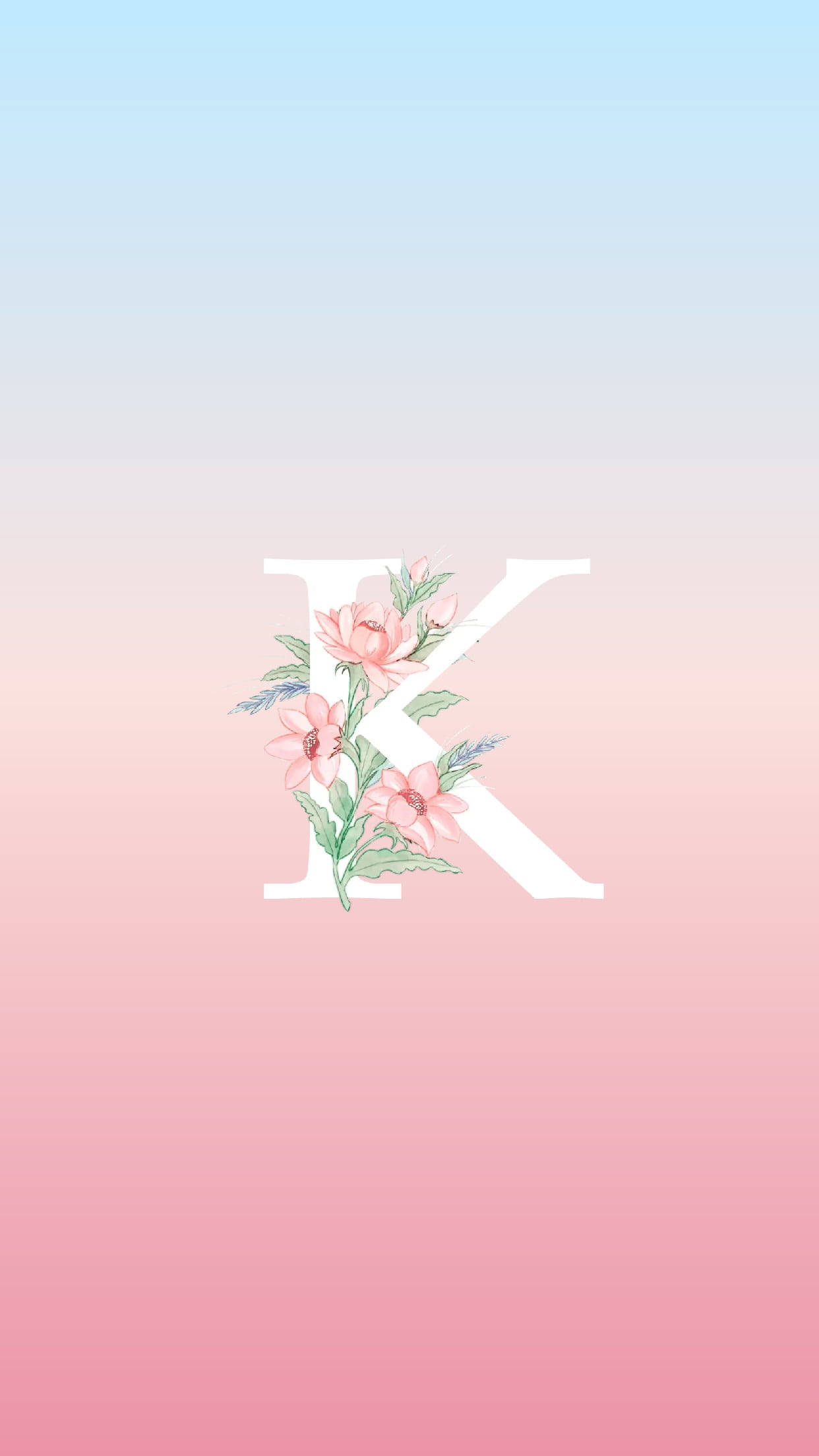 floral gradient, letter K, pink flowers, Full HD Phone Wallpaper