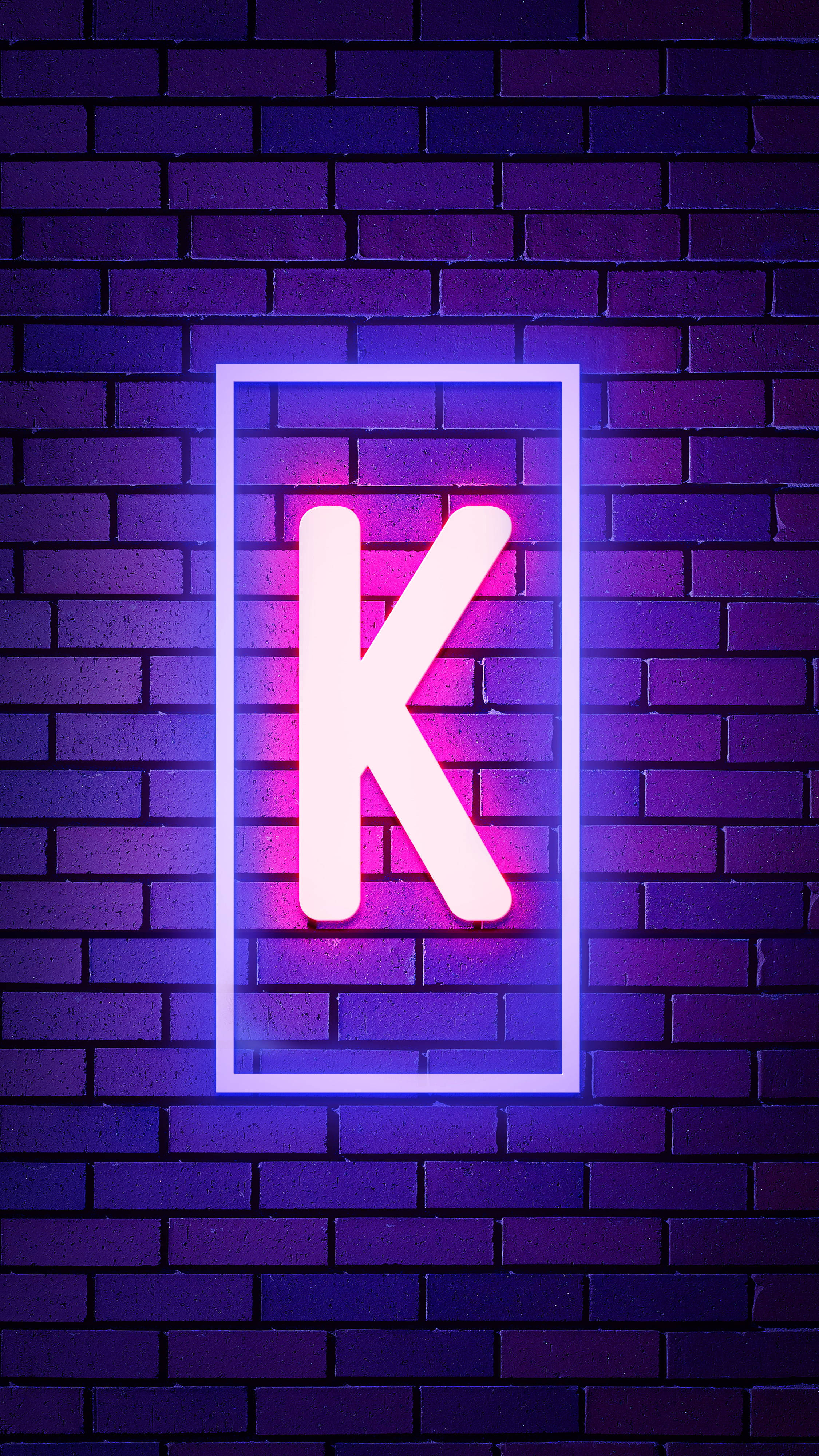 neon letter K, pink and blue light, dark purple brick wall, 4K Phone Wallpaper
