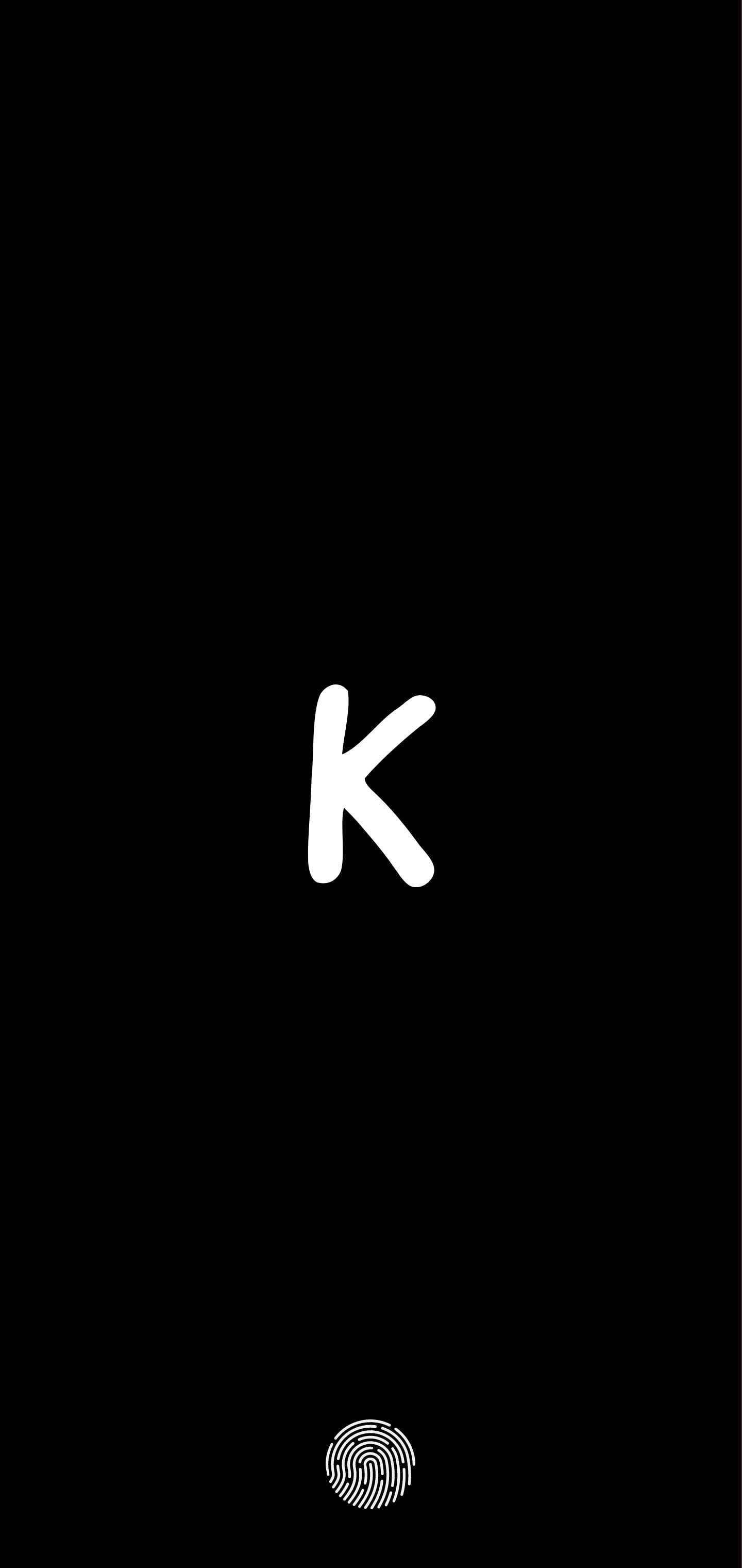 black background, bold white letter K, fingerprint icon, 2K Phone Wallpaper