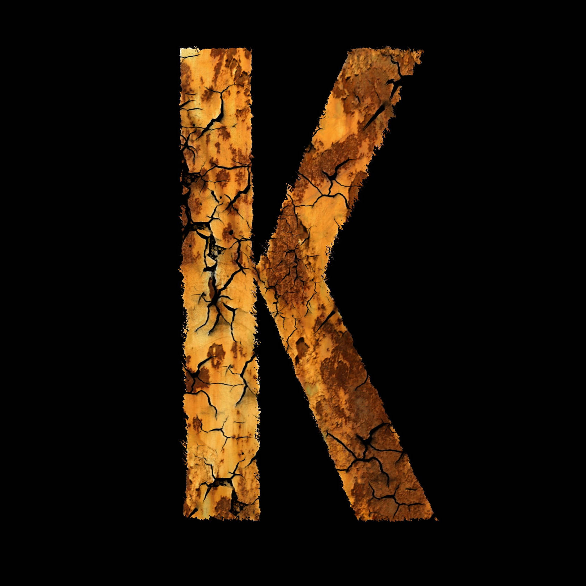 Rusty Letter K, cracked earthy orange and brown tones, stark black background, Full HD Desktop Wallpaper