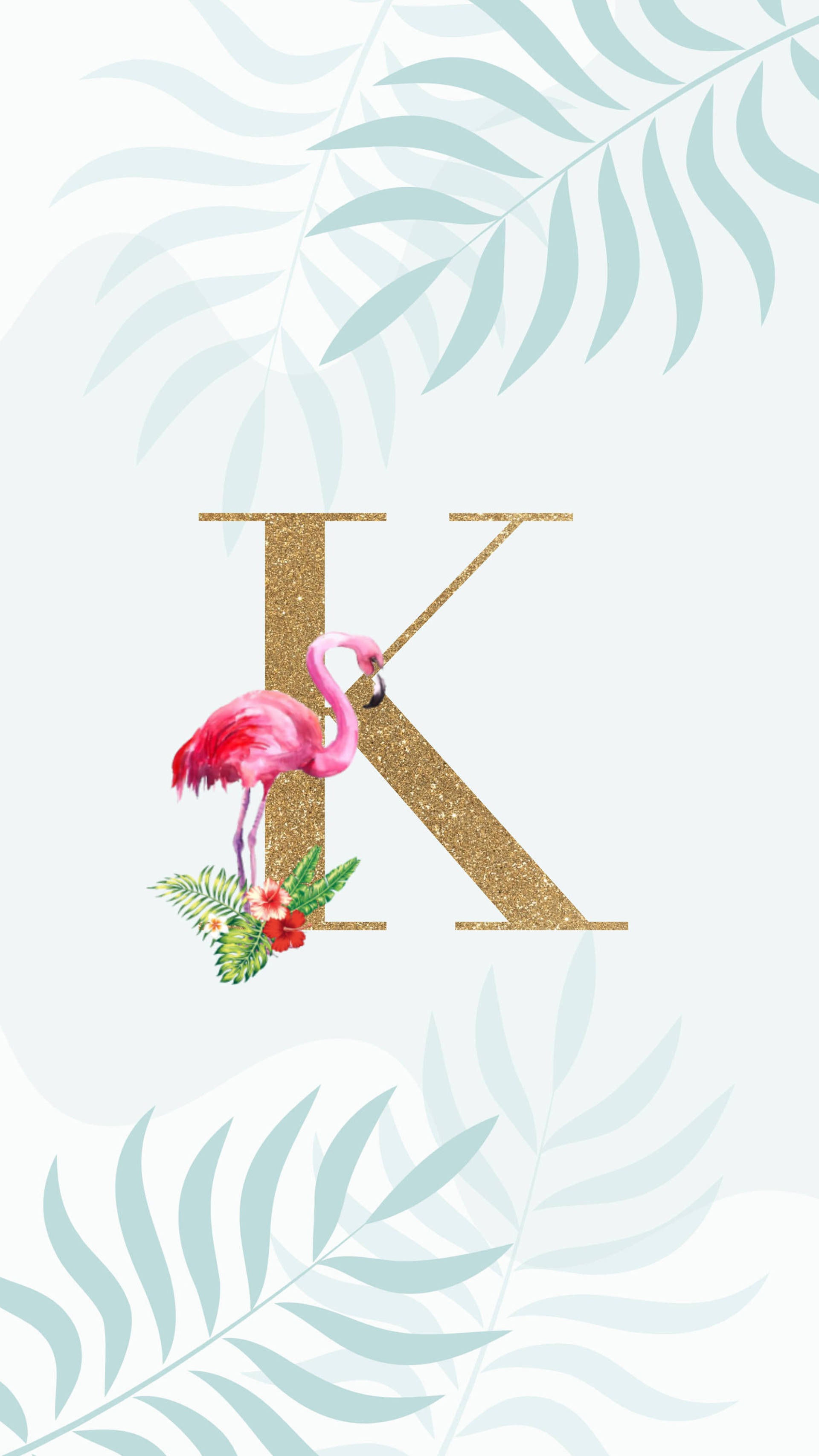 letter K, flamingo, glittering gold, 2K Phone Wallpaper