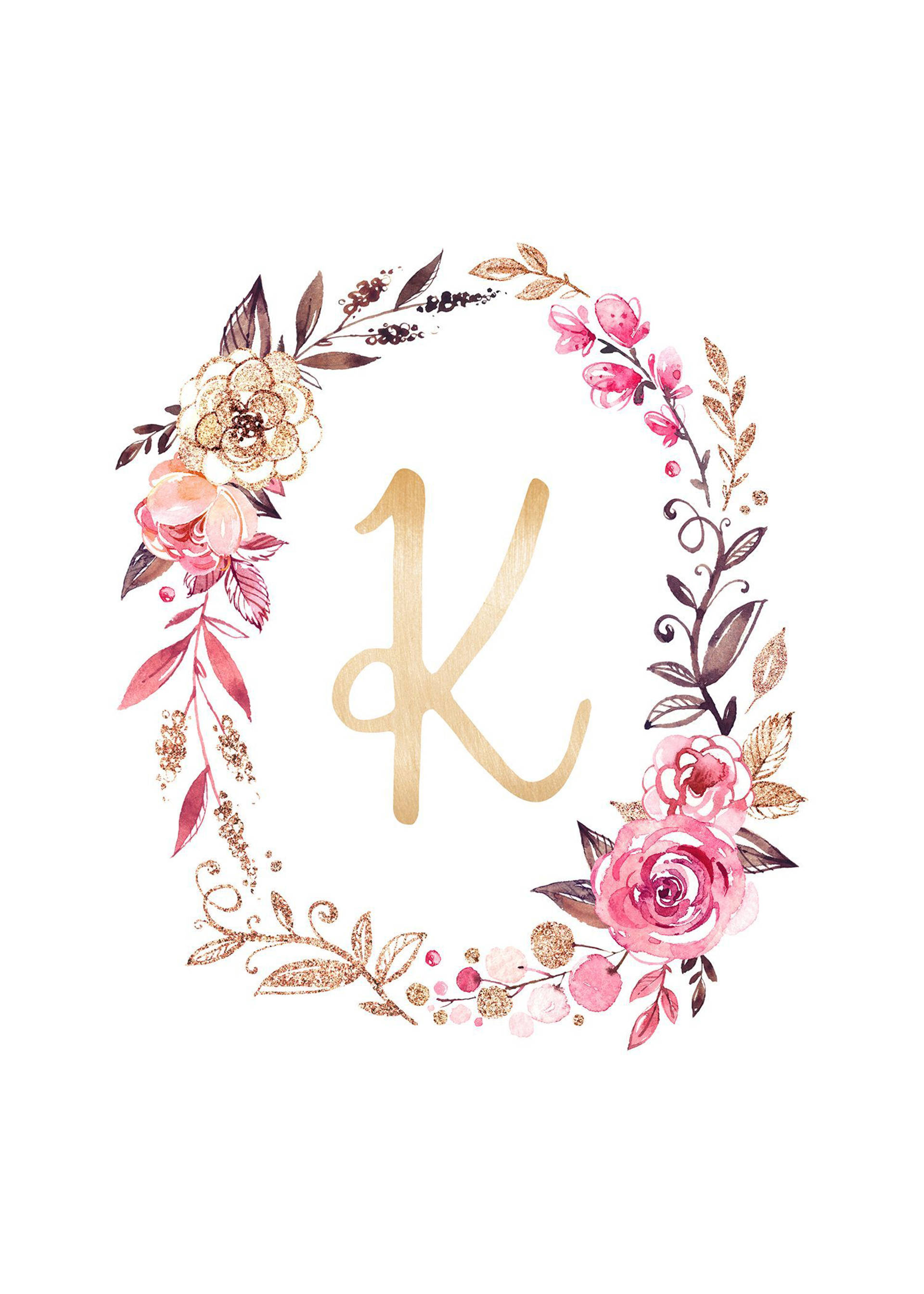 Letter K, floral wreath, pink, 2K Phone Wallpaper