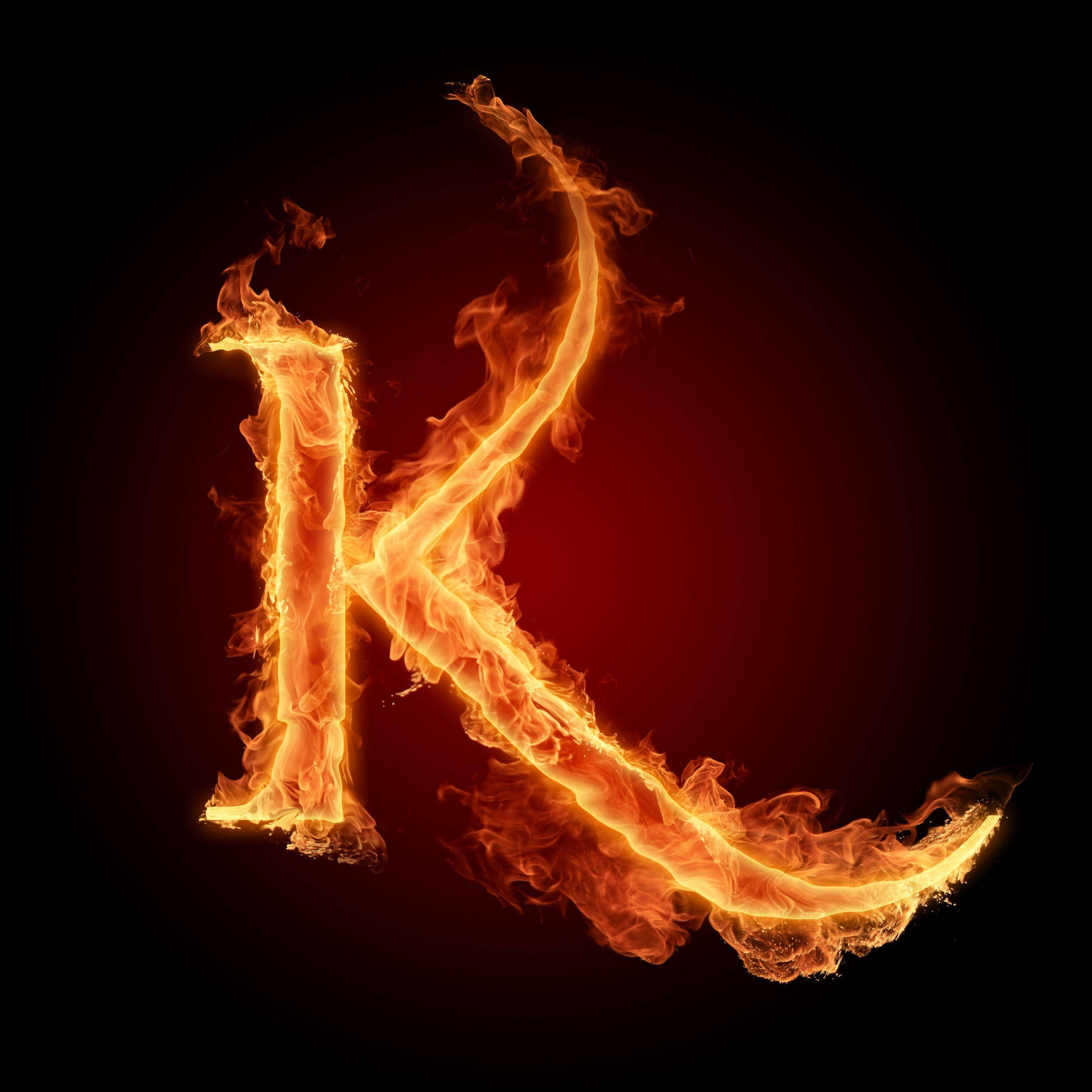 Fiery Letter K, orange flames, dark red gradient background, 2K Desktop Wallpaper