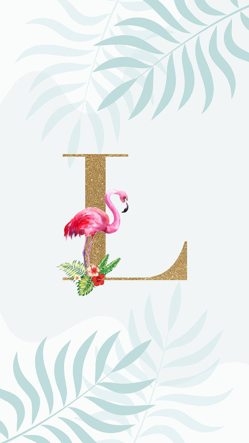 Gold Letter L, pink flamingo, tropical flowers, HD Phone Wallpaper