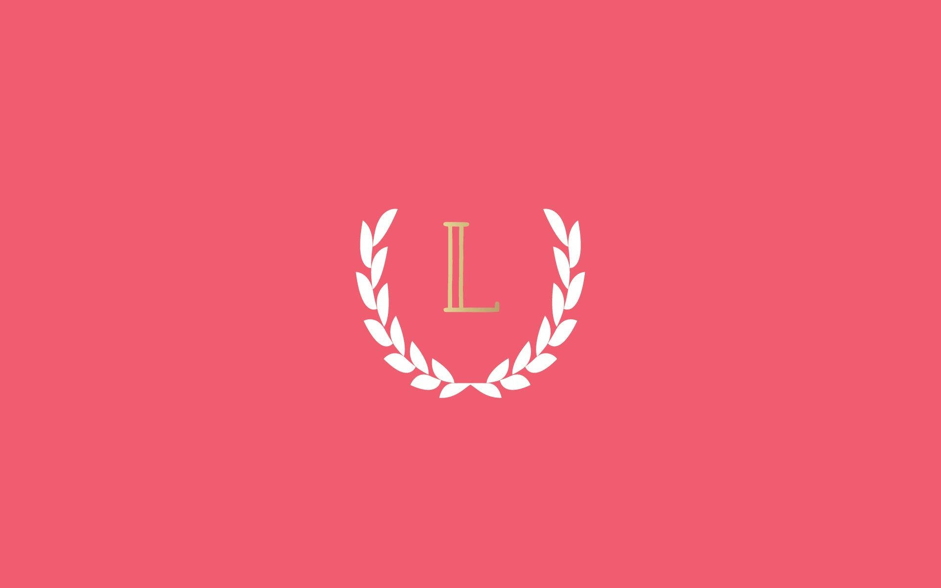 gold letter L, white laurel wreath, coral pink background, Full HD Desktop Wallpaper