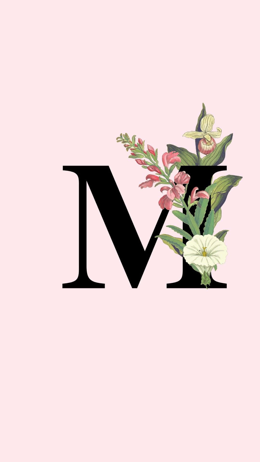 Cute Pastel M, black letter M, pink and white flowers, Full HD Phone Wallpaper