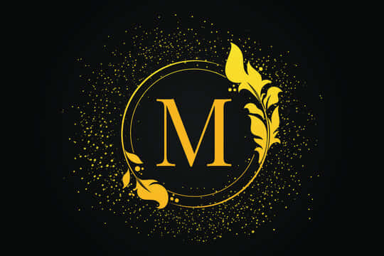 Golden letter M, ornate circle, leafy flourishes, SD Desktop Wallpaper