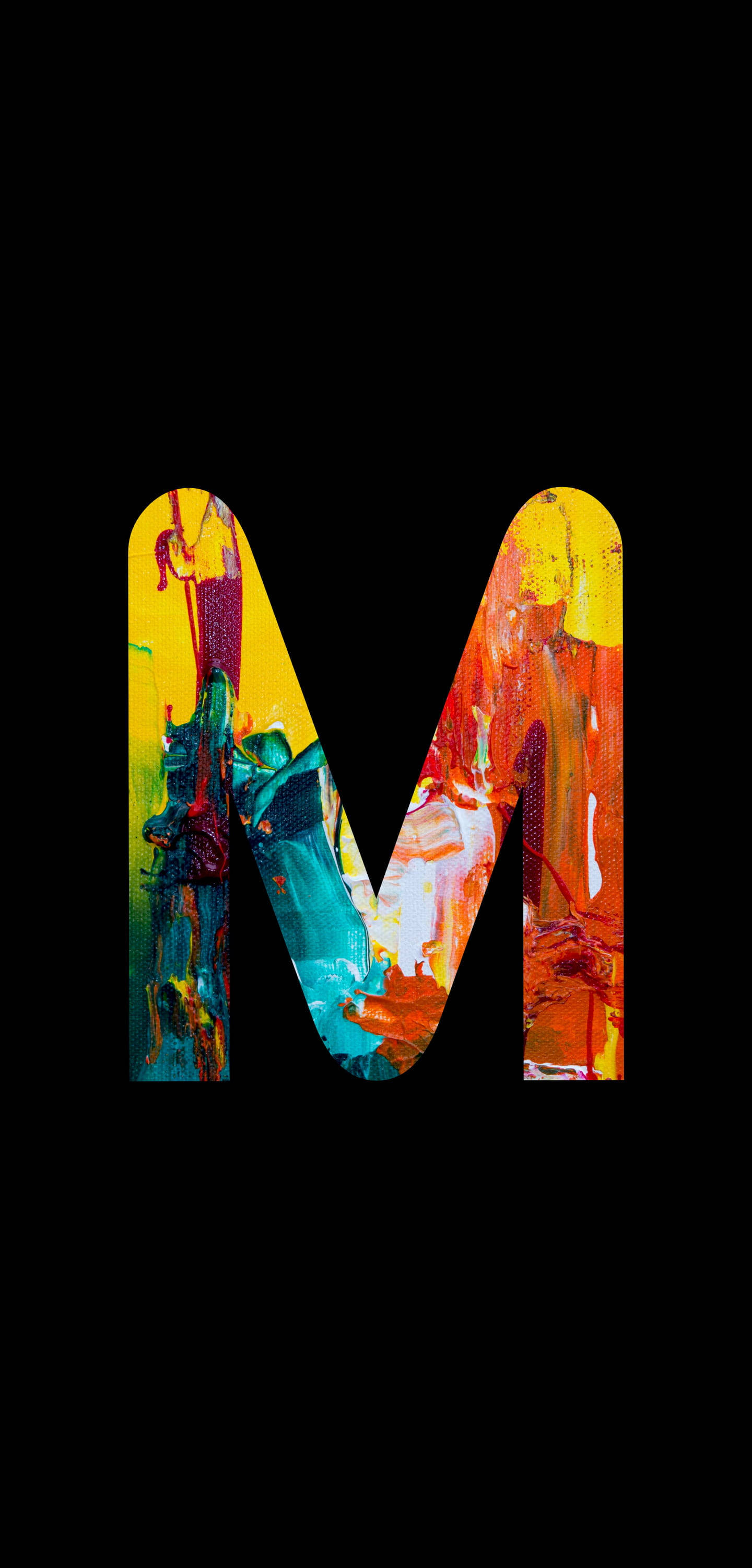 Letter M, vibrant abstract paint strokes, stark black background, 2K Phone Wallpaper
