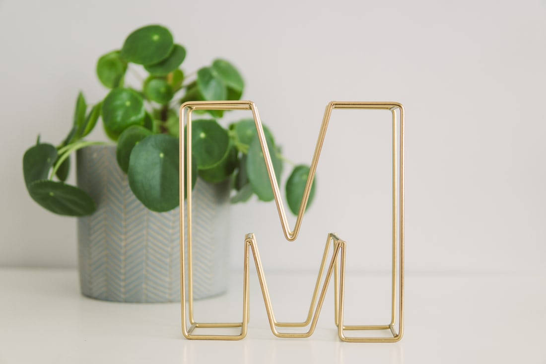 gold wire letter M, potted green plant, white surface, SD Desktop Wallpaper