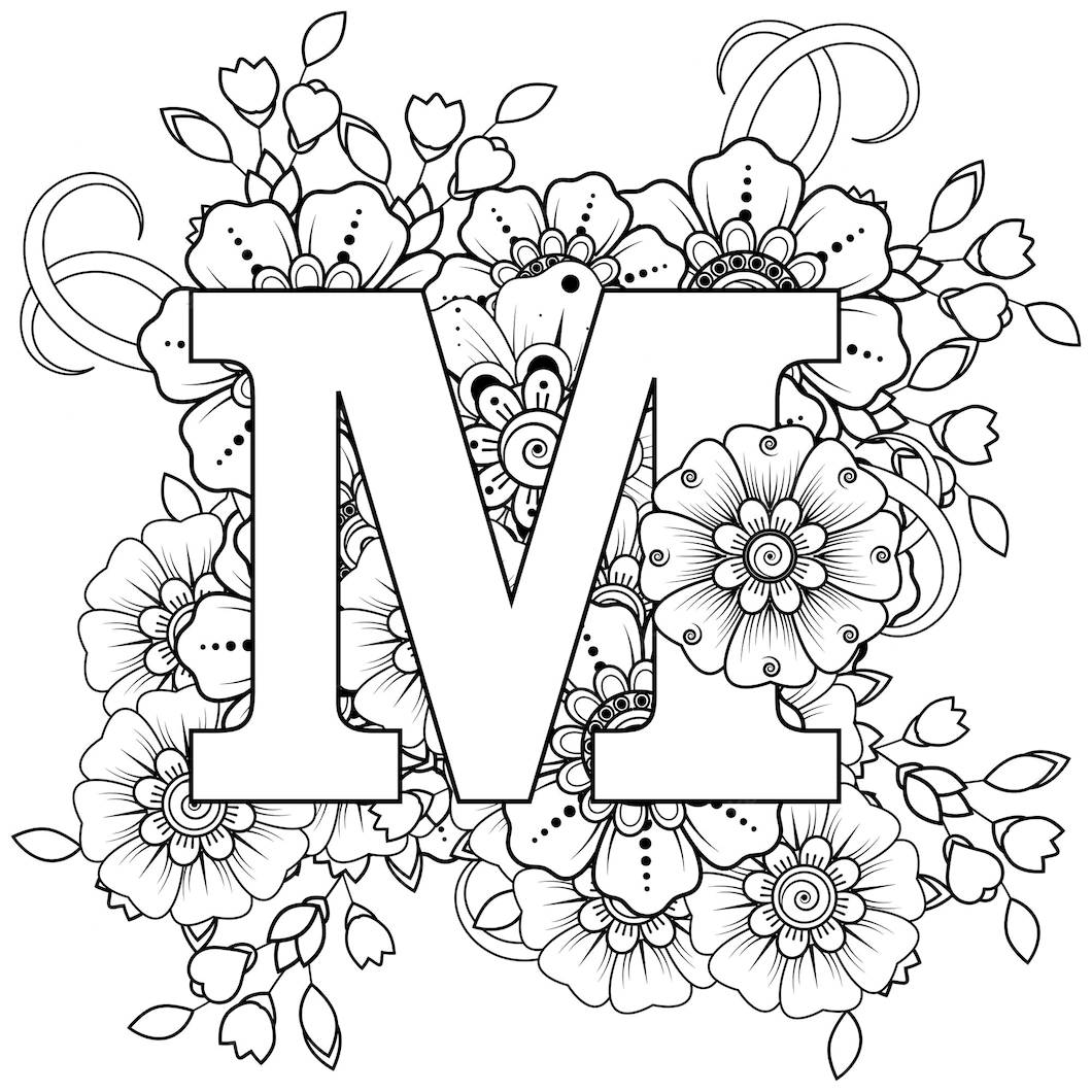 Letter M, floral patterns, swirling vines, SD Desktop Wallpaper