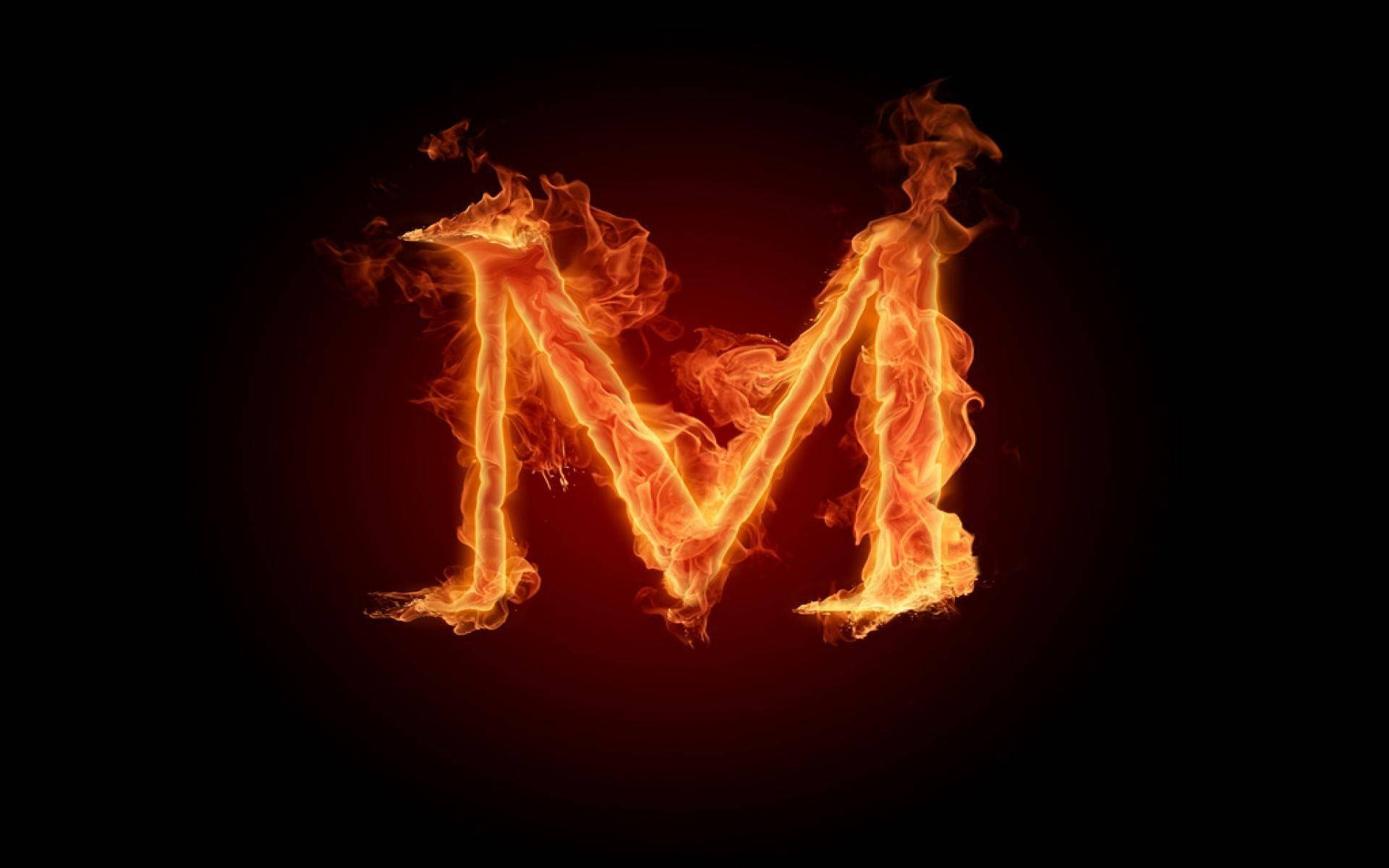 Letter M, vibrant orange flames, dark background, Full HD Desktop Wallpaper