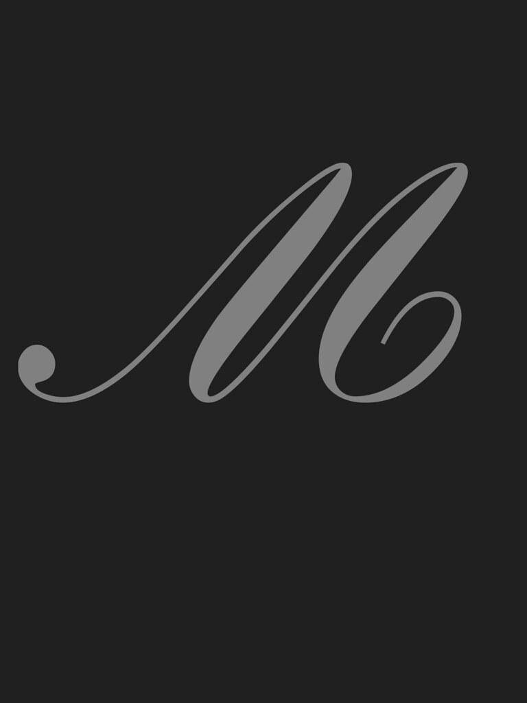 cursive letter m, gray monogram, dark charcoal background, SD Phone Wallpaper