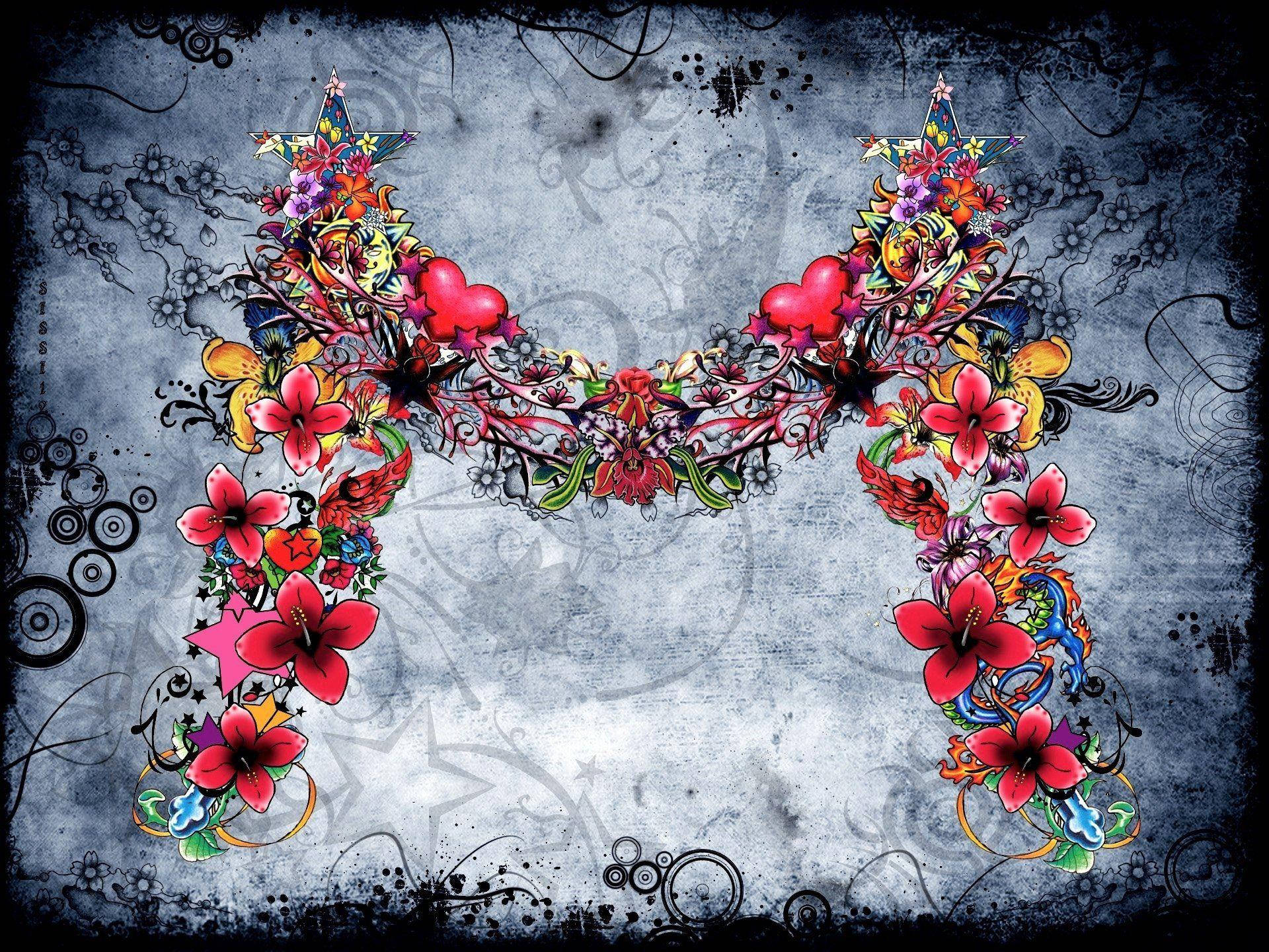 vintage letter m, floral motifs, heart motifs, Full HD Desktop Wallpaper
