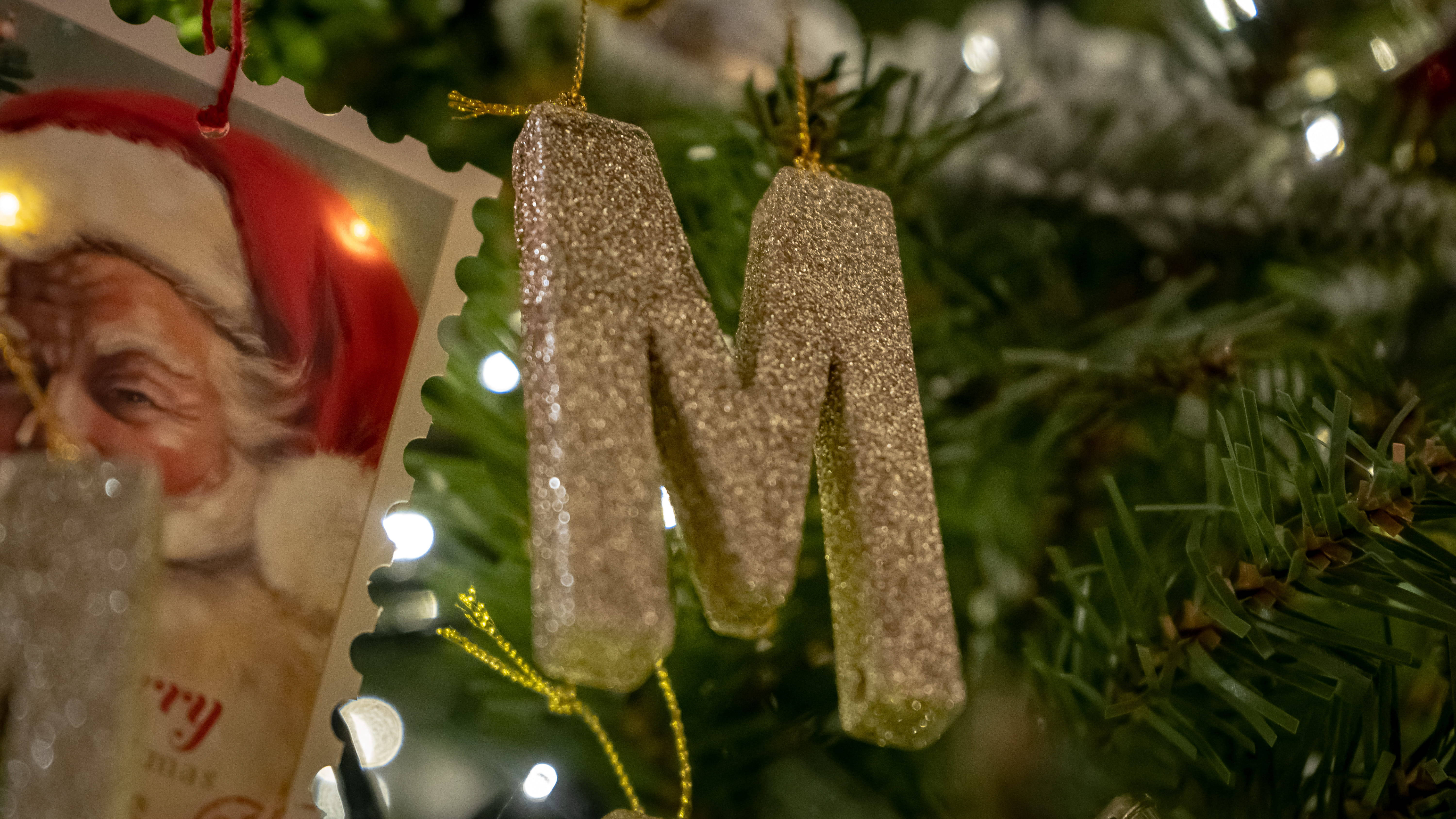 Letter M, gold, green Christmas tree, 5K Desktop Wallpaper
