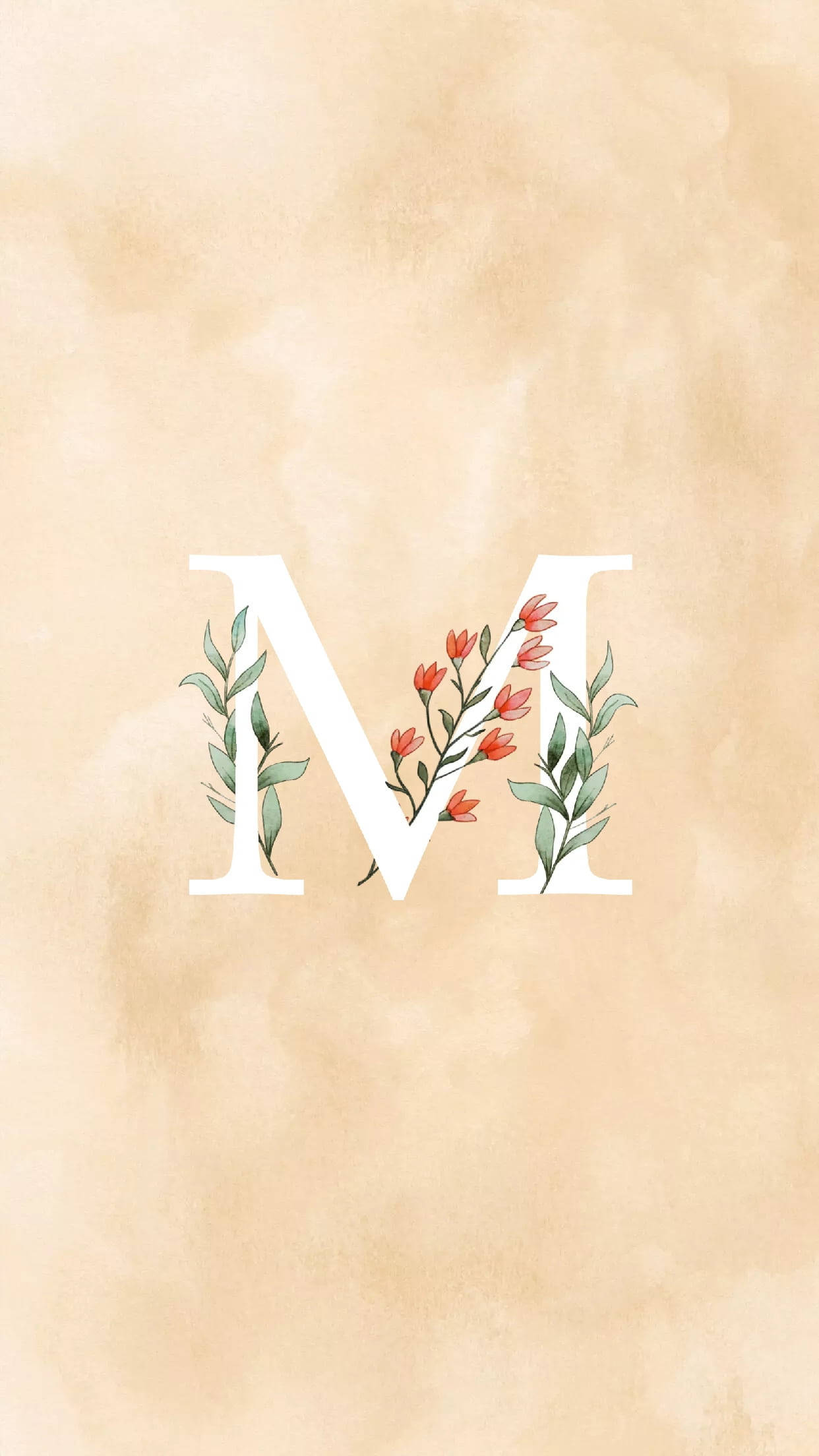 Letter M, red flowers, green leaves, Full HD Phone Wallpaper