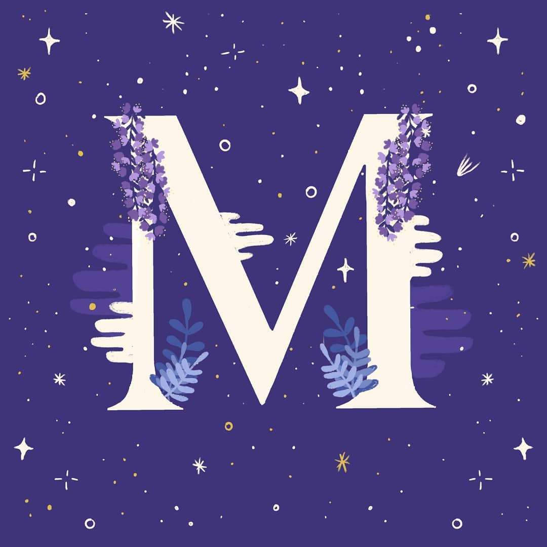 Letter M, white, purple flowers, SD Desktop Wallpaper